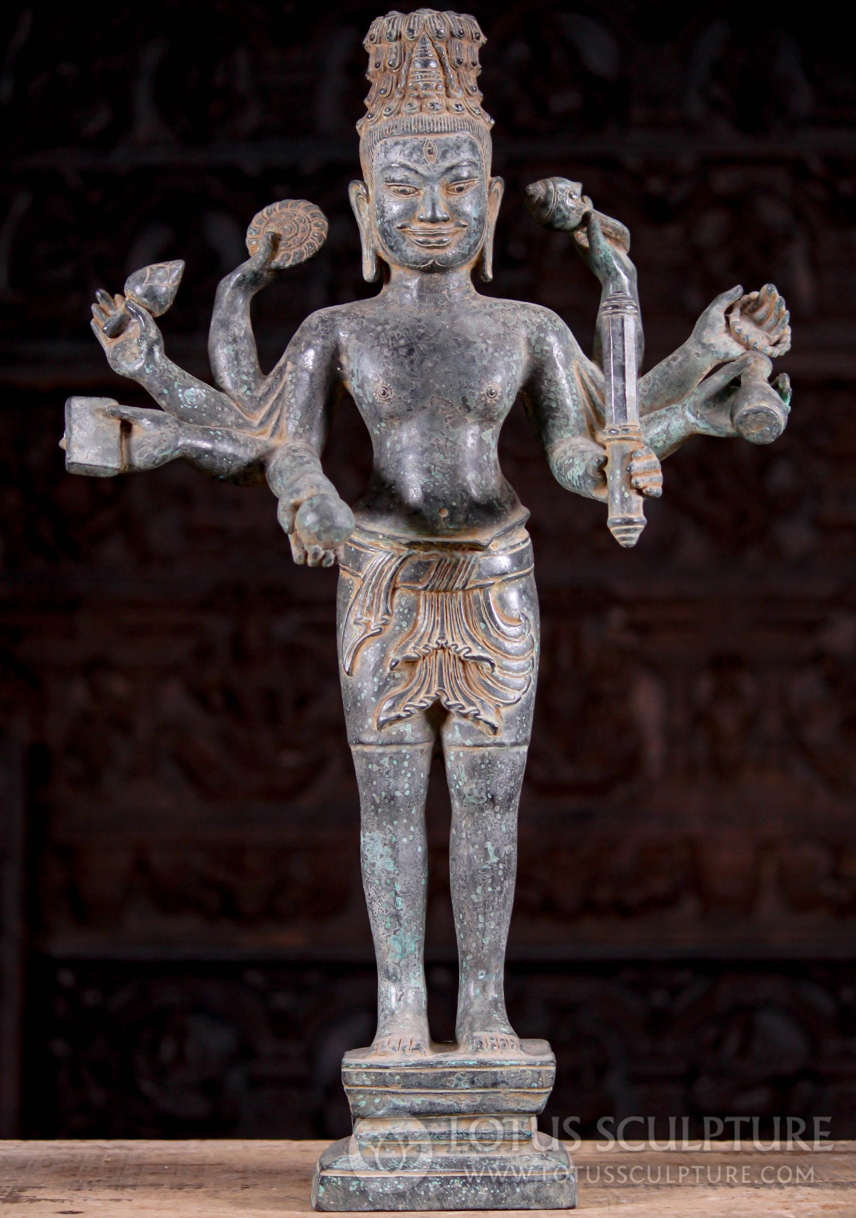 Standing Antique Patina Cambodian Bronze Vishnu Statue with Eight Arms 24"