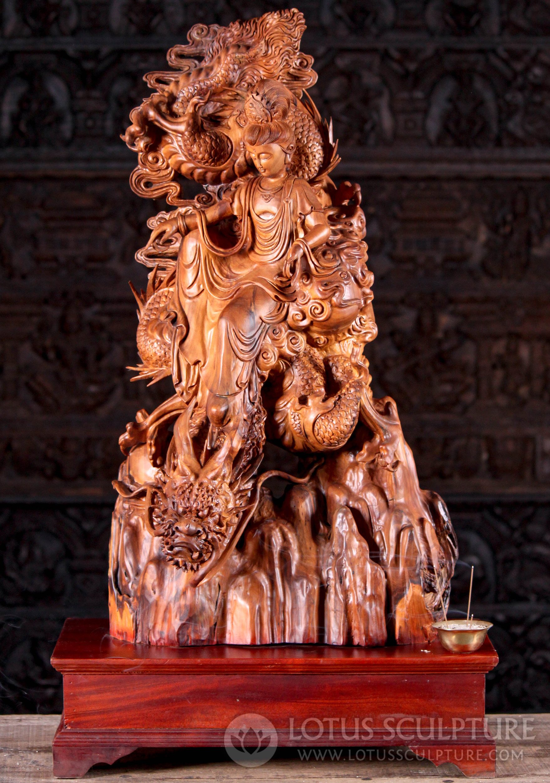 Kwan Yin on Dragon: Serene Hand-carved Wood Deity of Compassion Sculpture 36"