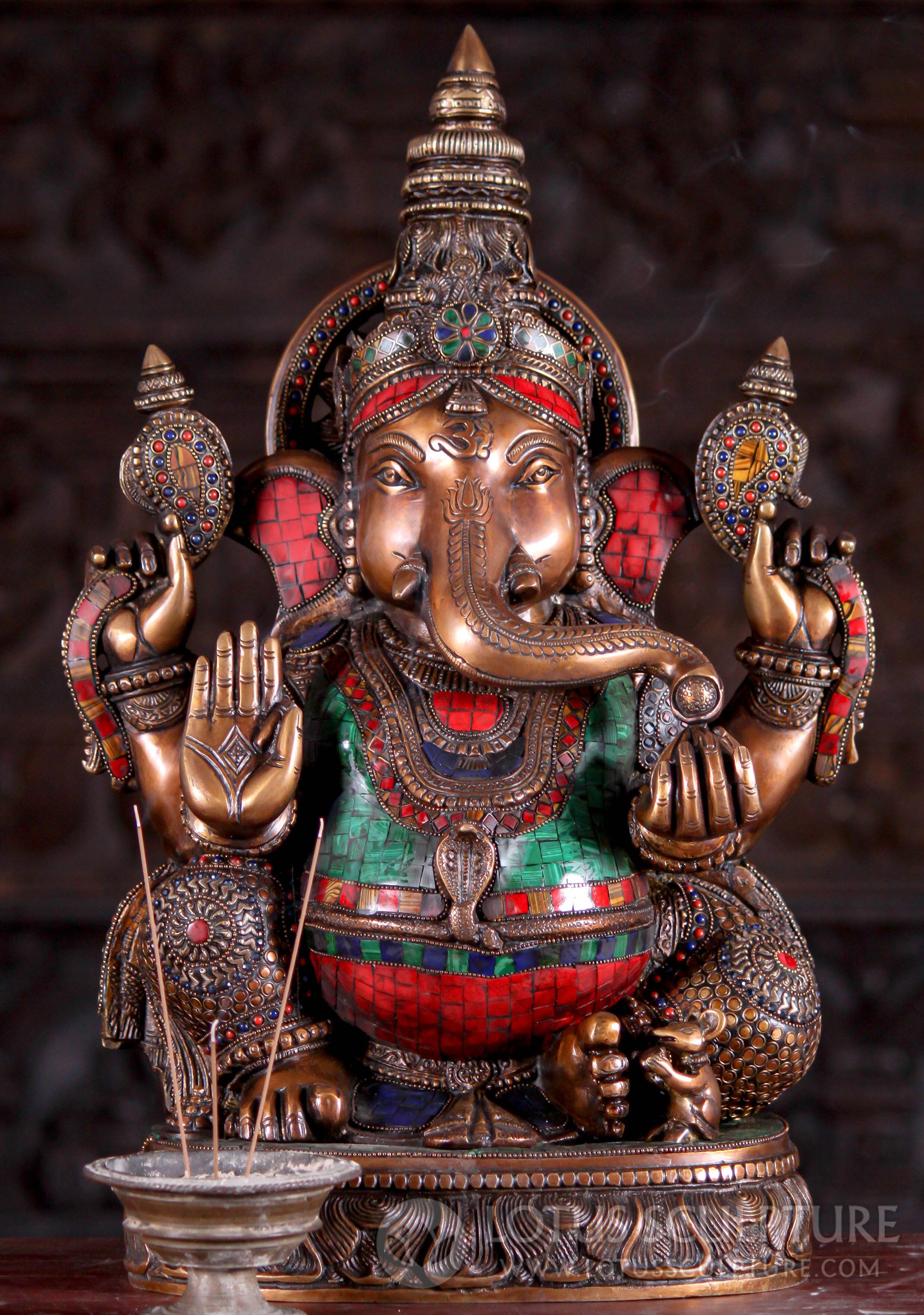 Ornate Brass Ganesh with Colored Stones, Chakra Halo, and Cobra Belt Statue 20"