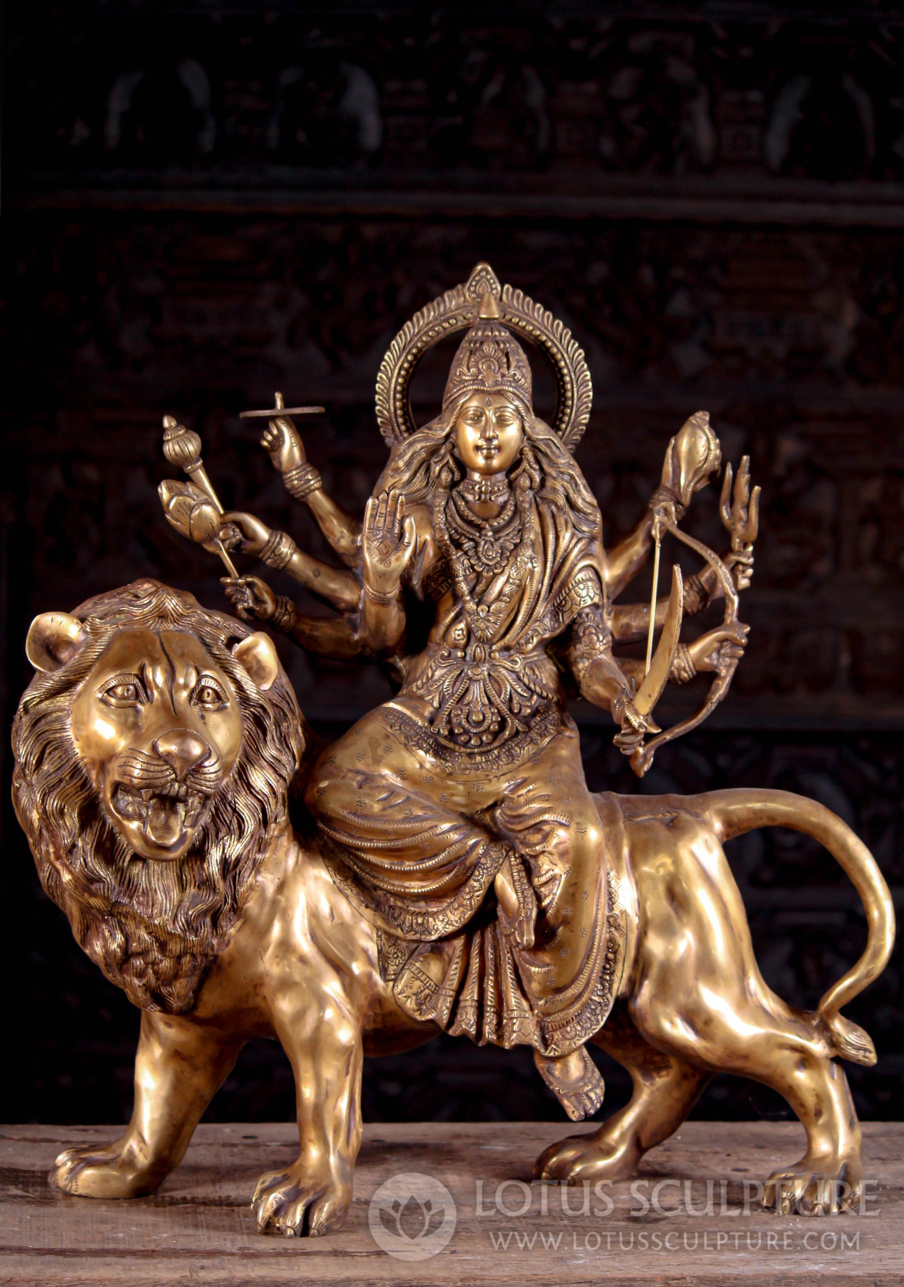 .Durga Brass Statue Riding Her Vehicle Lion in Abhaya Mudra Golden Indian Brass 27"