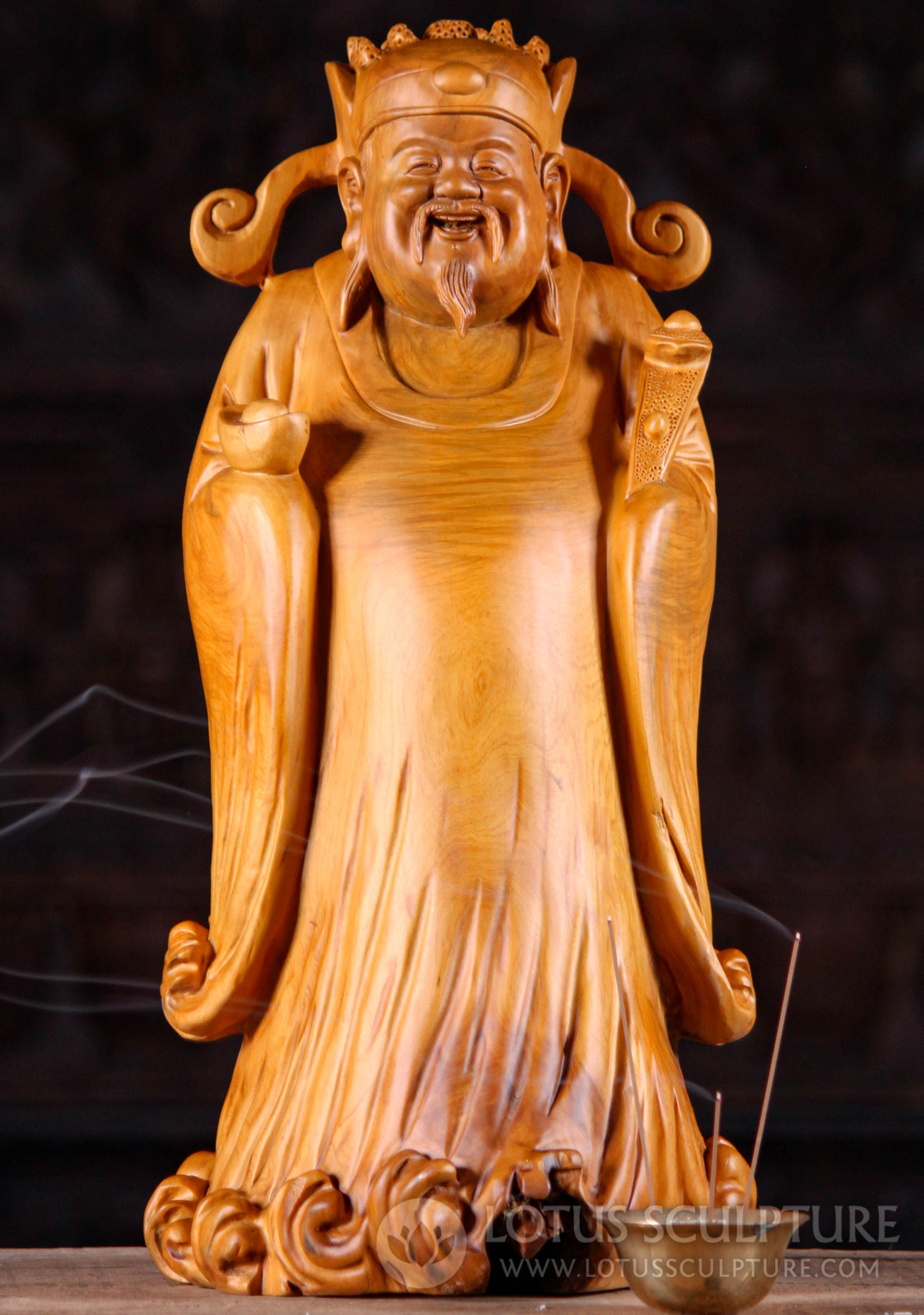 Cheerful Than Tai Wood Sculpture Wealth Deity Wearing Flowing Robes 18"