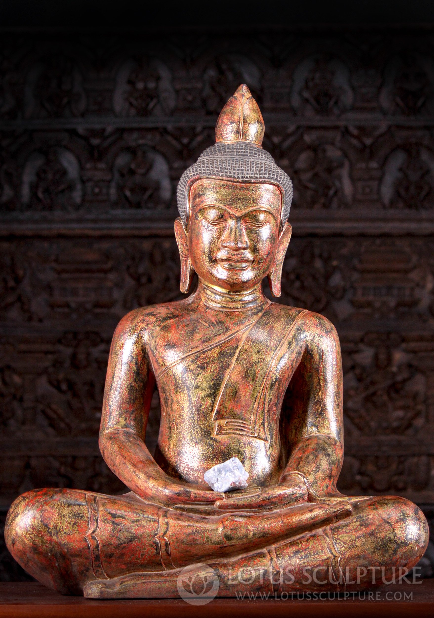 Hand-Carved Reclaimed Teak Wood Meditating Buddha Statue from Cambodia 31"