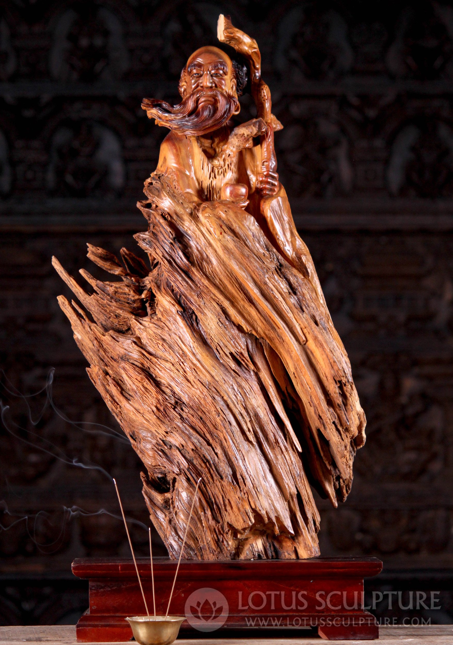 Wood Sculpture of Bodhidharma with Bowl and Staff Carved from Natural Tree Root 32"