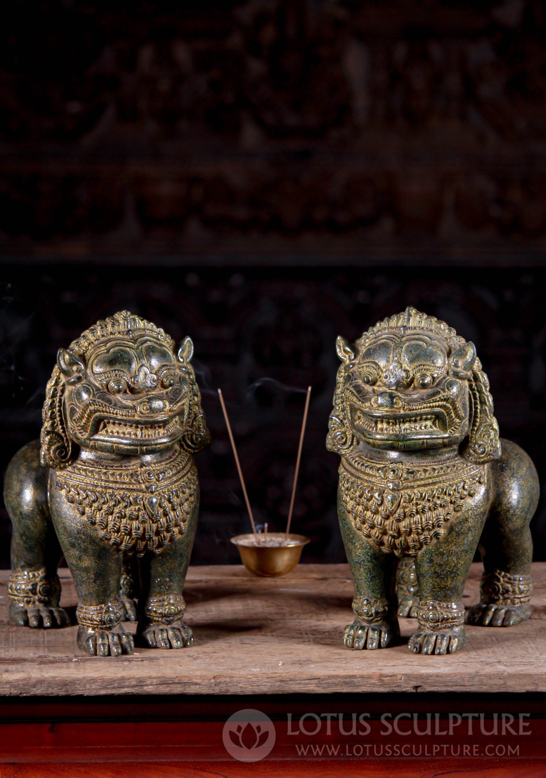 SOLD Pair of Antique Green Bronze Cambodian Style Standing Foo Dog Shishi  Lions 11.5