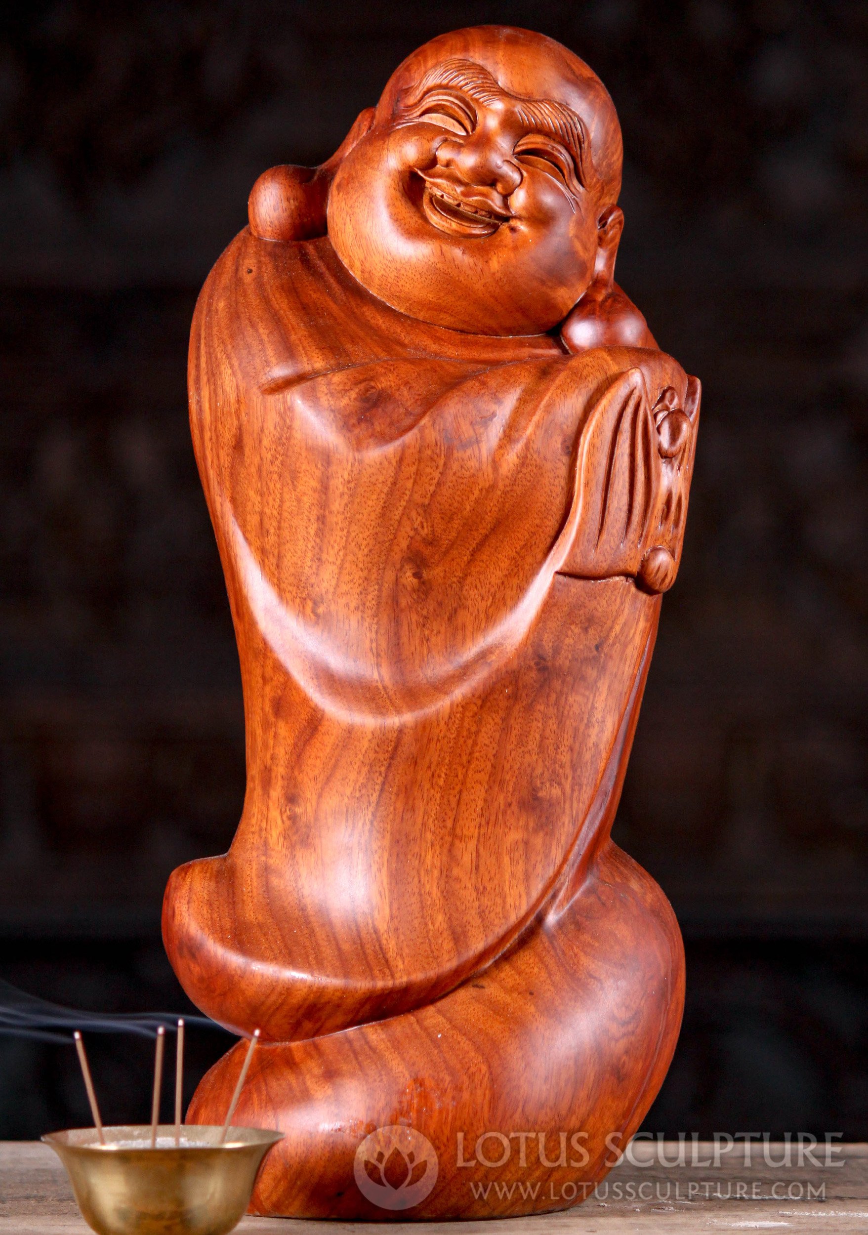 Adorable Wood Carved Hotei Buddha of Wealth Sculpture with Good Luck Bat  17 (#162vw106z): Hindu Gods & Buddha Statues