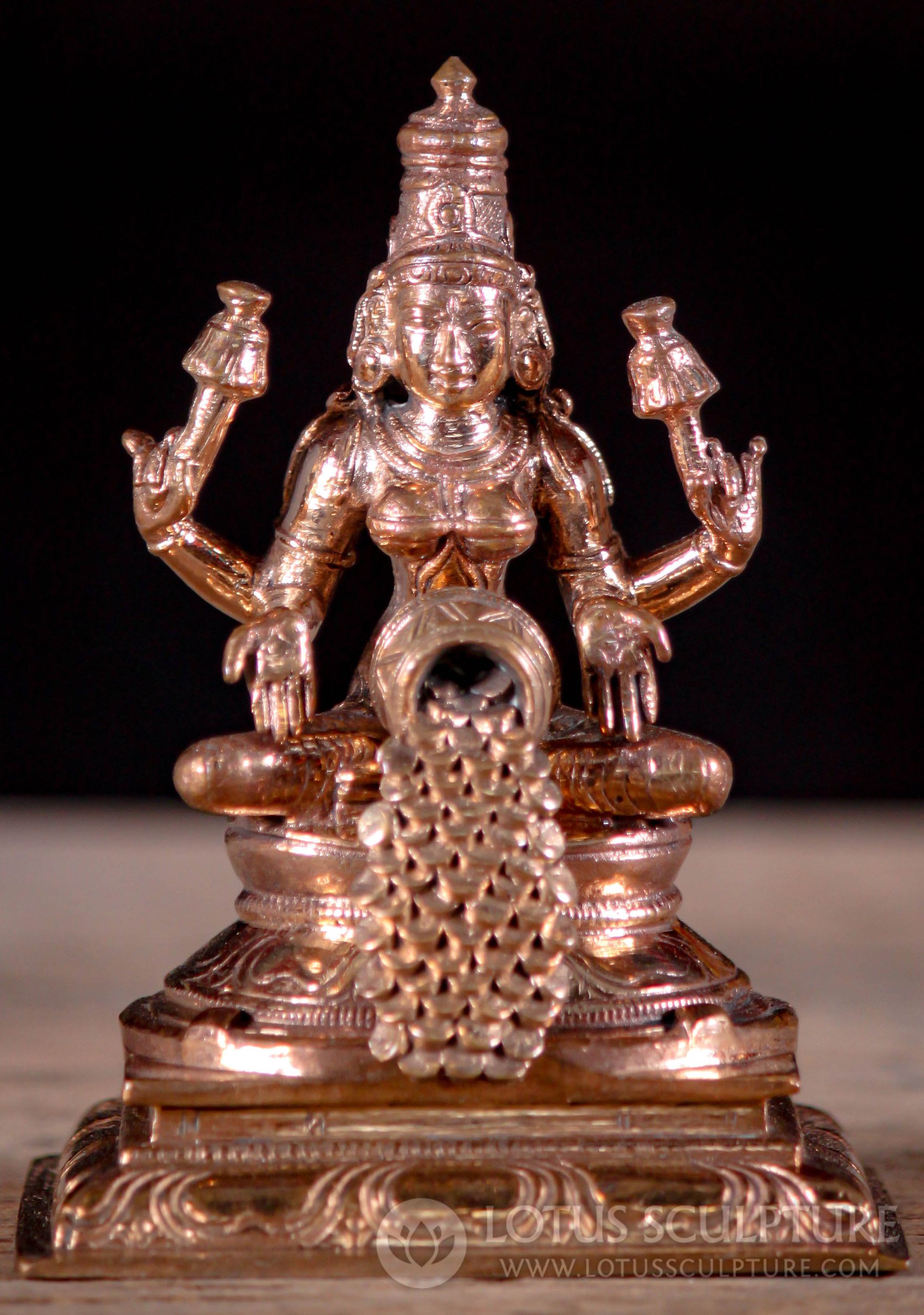 Bronze Lakshmi Statue Showering Gold Coins on Her Devotees Holding 2 Lotus Flowers 4"