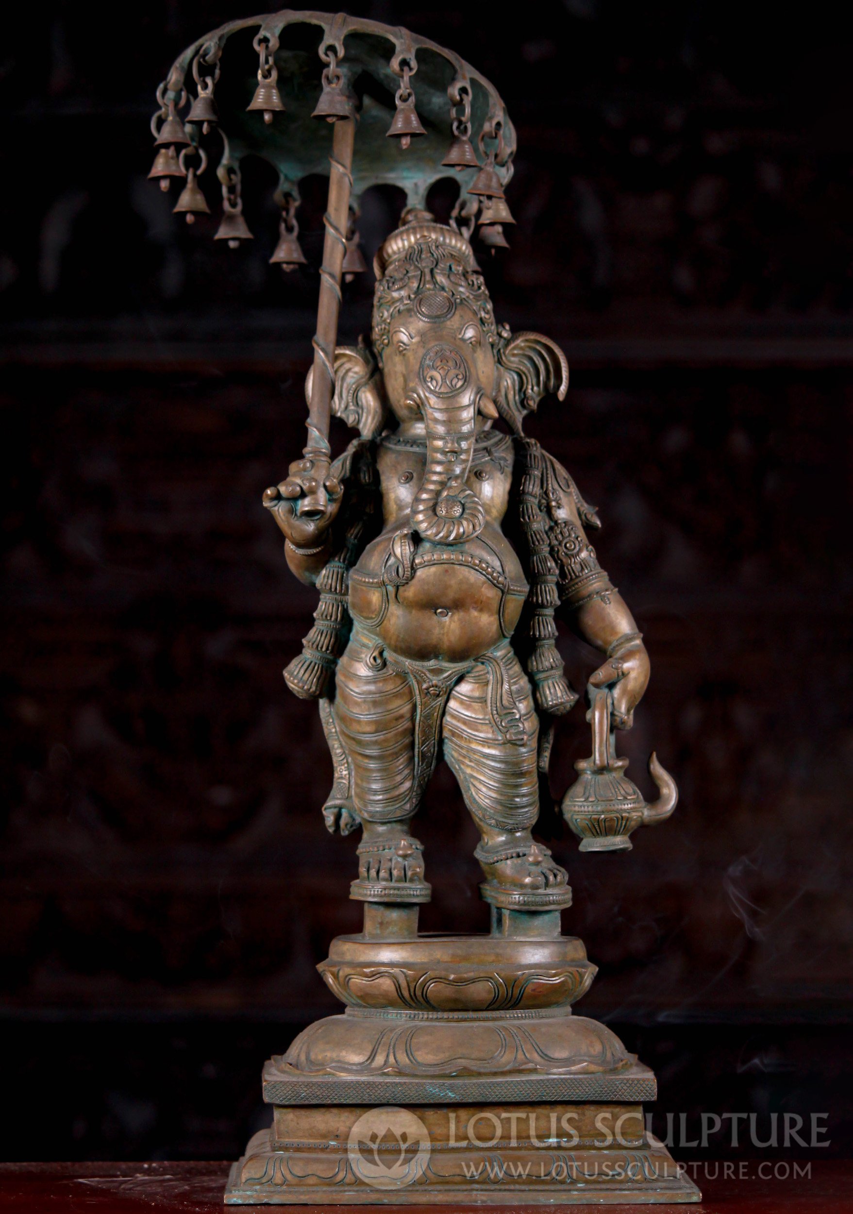 Stunning South Indian Bronze Standing Mappilai Ganesha Sculpture with Umbrella 26"