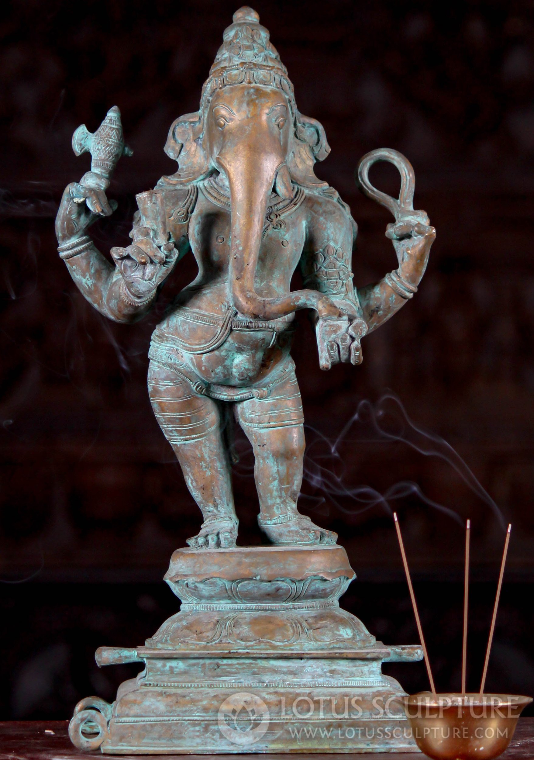 Antique Green Patina Bronze Standing Ganesha Statue on Tall Lotus Base 16.5"