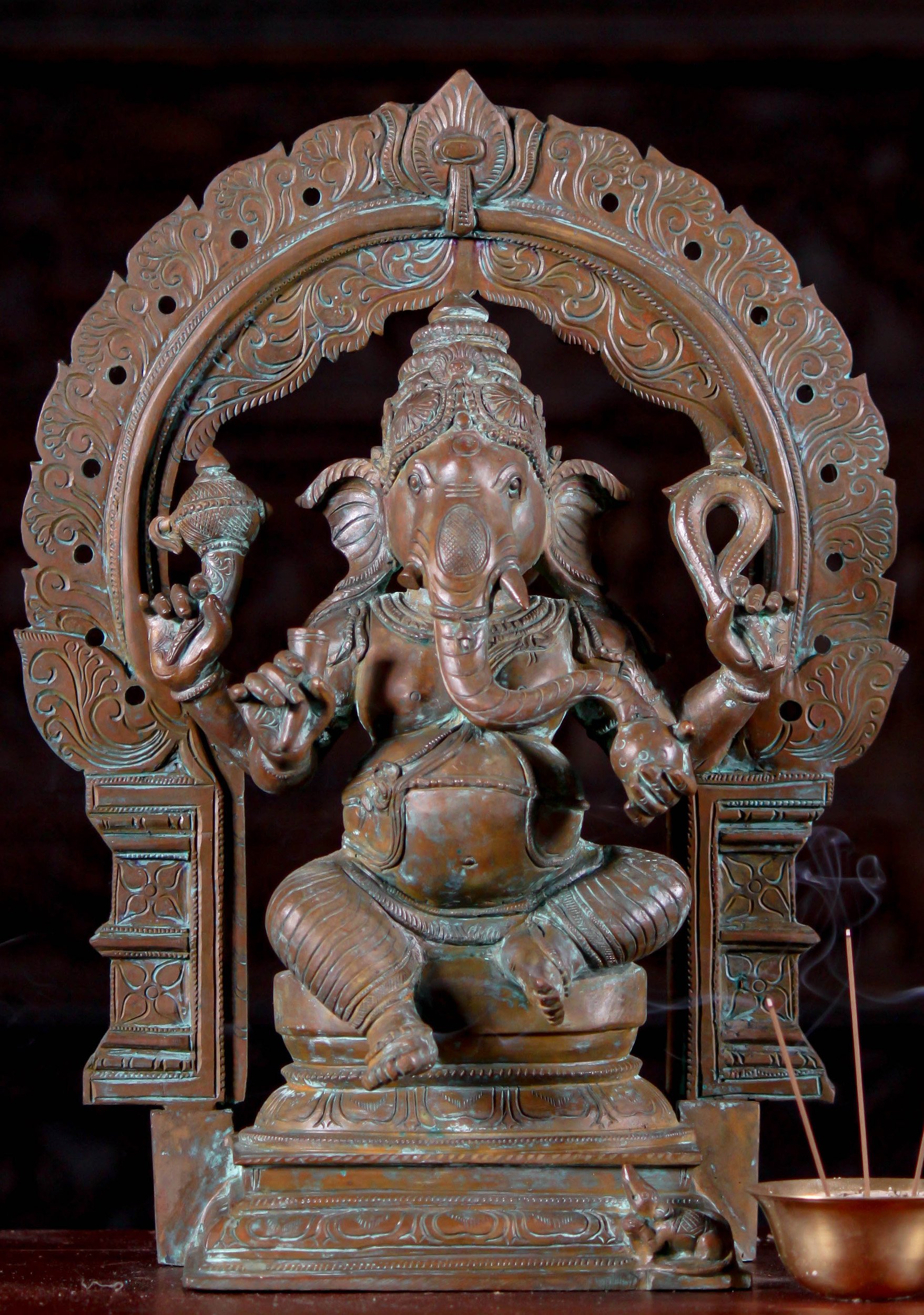 Antique Patina Panchaloha Ganesha Statue Seated with Mooshika Under Large Arch 15"