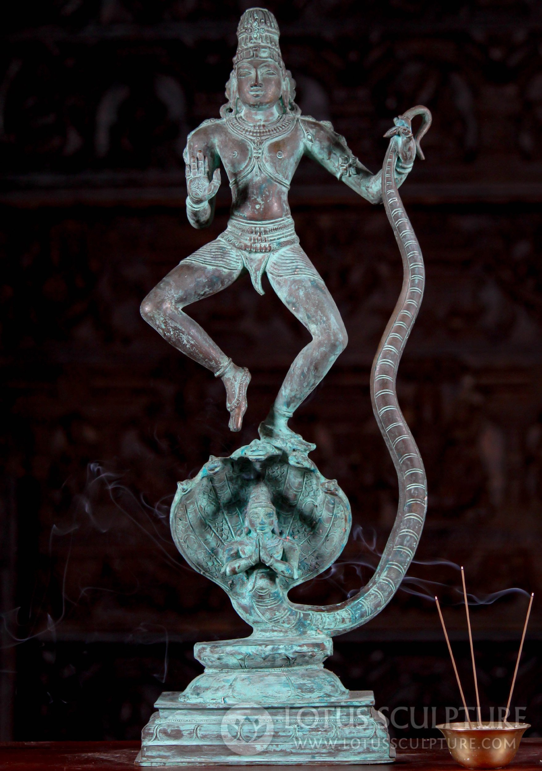 Bronze Krishna Dancing on Serpent Kaliya Sculpture with Antique Green Patina 25"