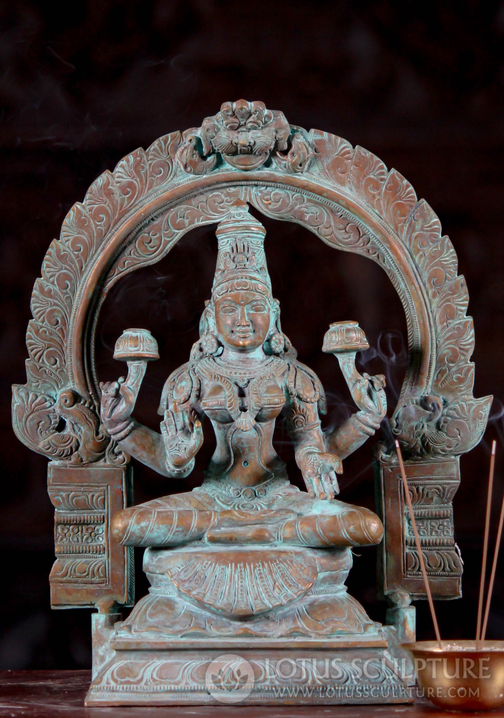 Bronze Seated Lakshmi Statue Under Arch with Lotus Flowers Hindu Goddess 13"