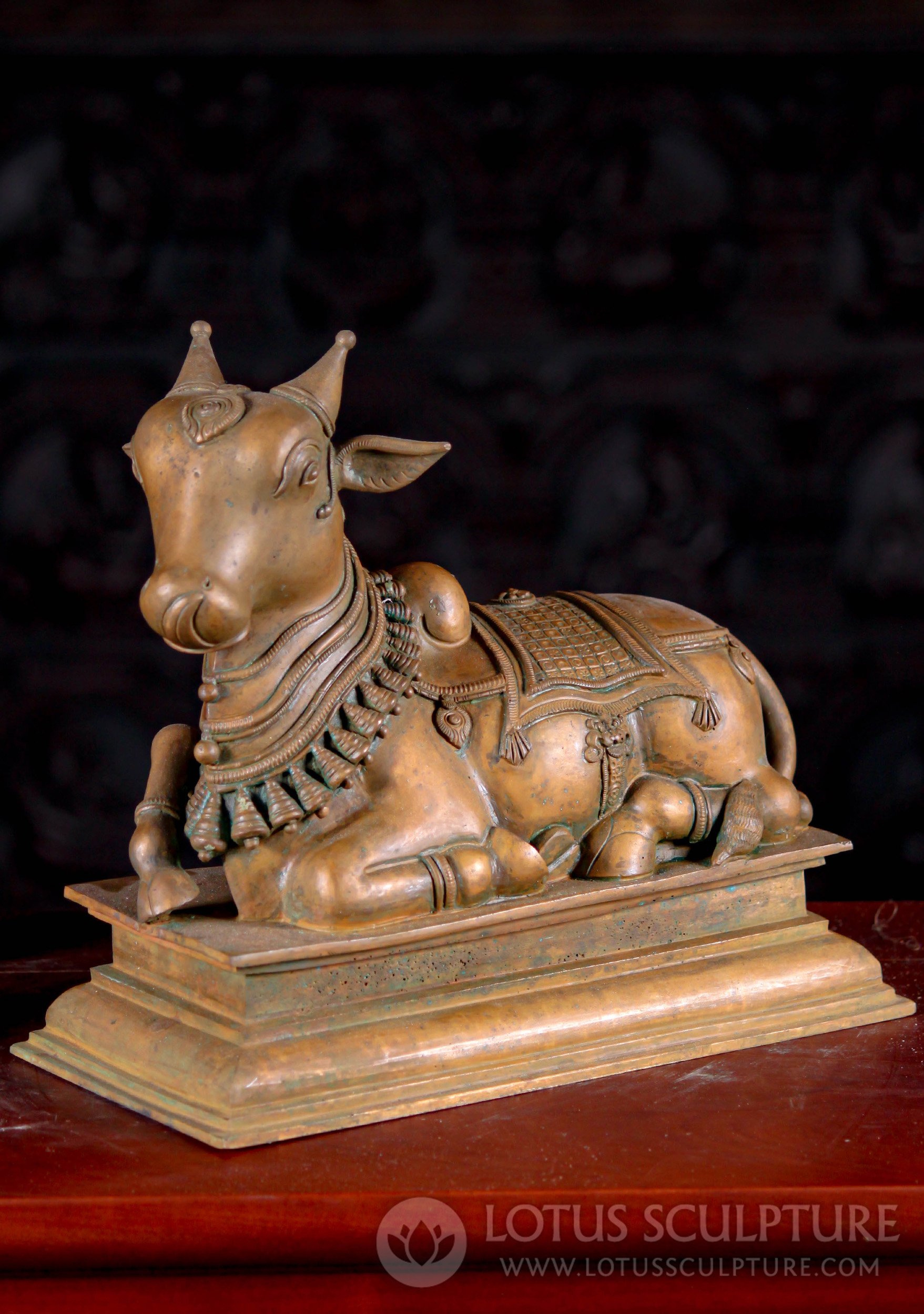 South Indian Bronze Statue of Shiva's Bull, Nandi Wearing Garland of Bells 12"