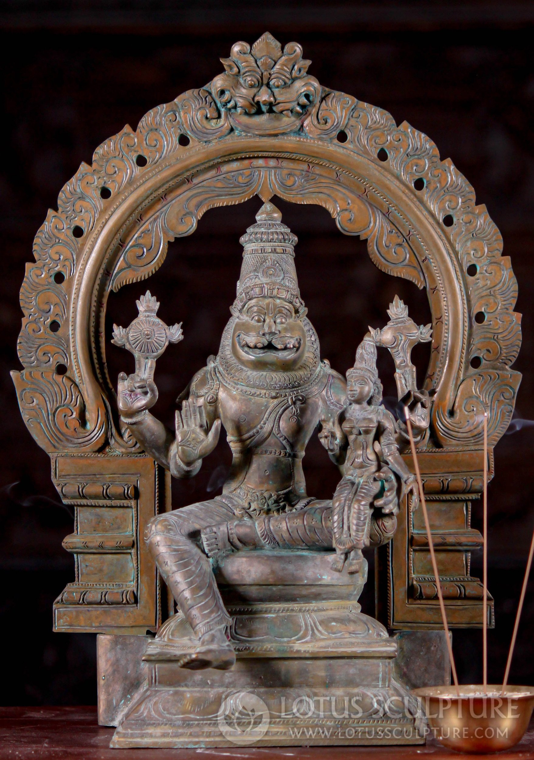 South Indian Bronze Narasimha Seated with Lakshmi Under Mahakala Arch Statue 16"