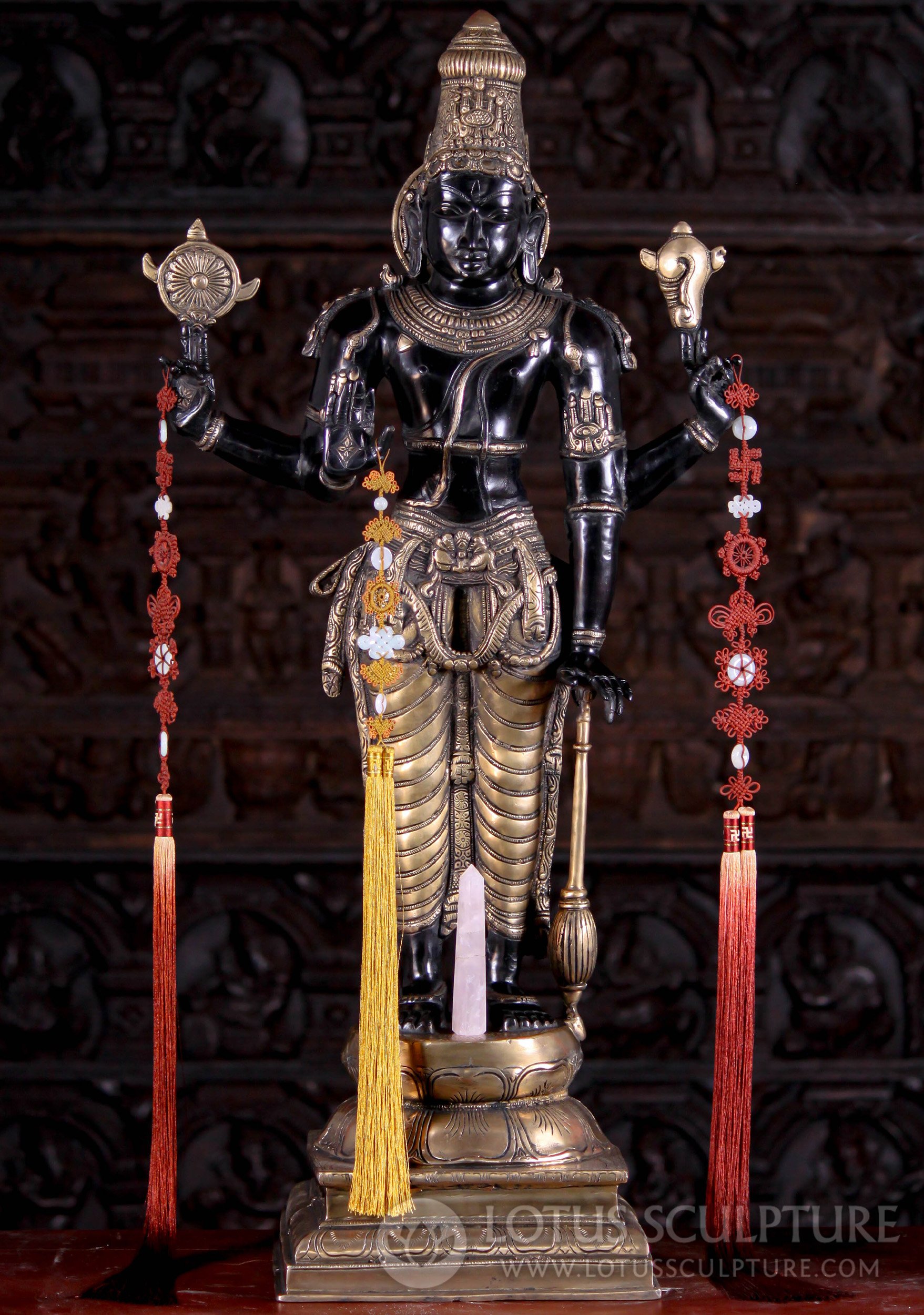 Tall Black & Gold Brass Standing Vishnu Statue with Club, Conch & Discus Statue 37"