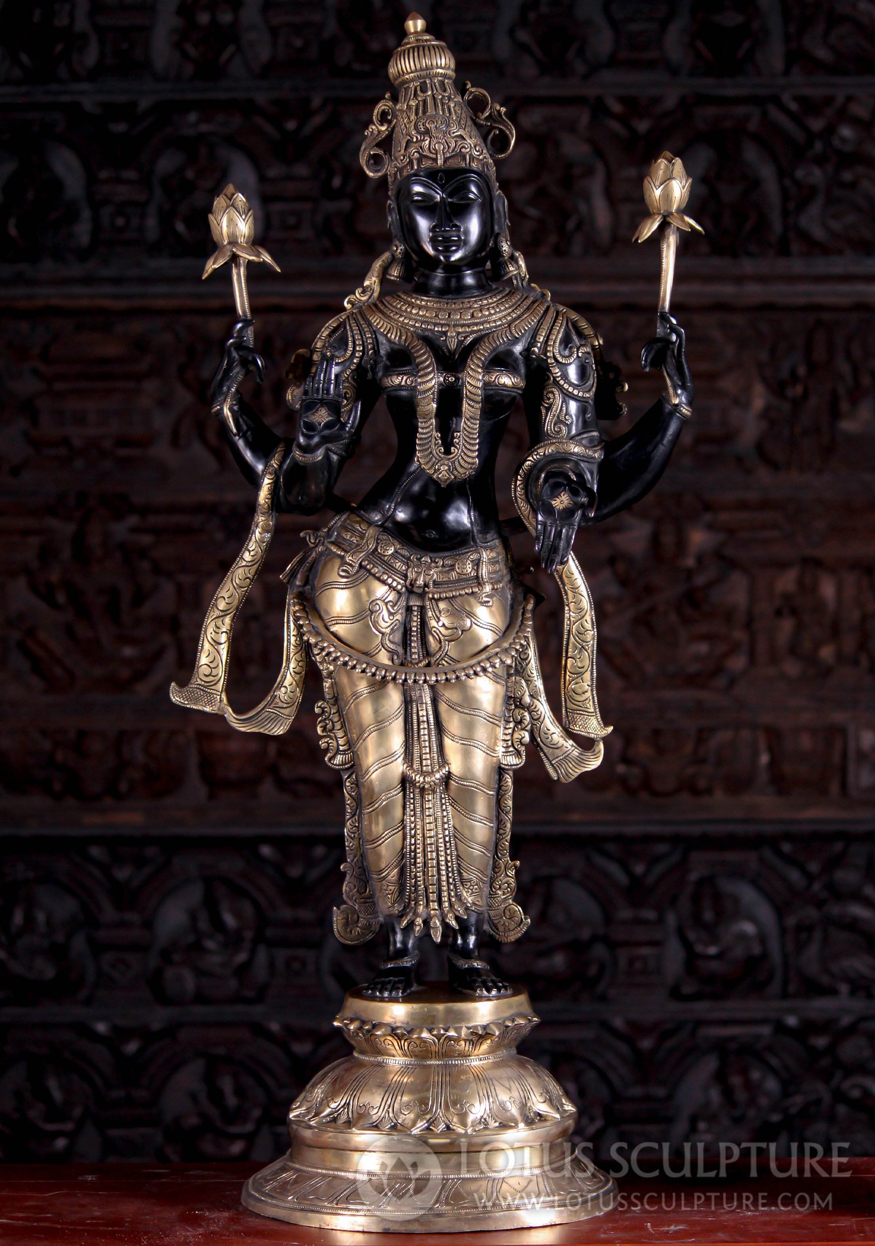 Tall Black & Gold Standing Hindu Goddess Lakshmi Statue with Lotus Flowers 39"