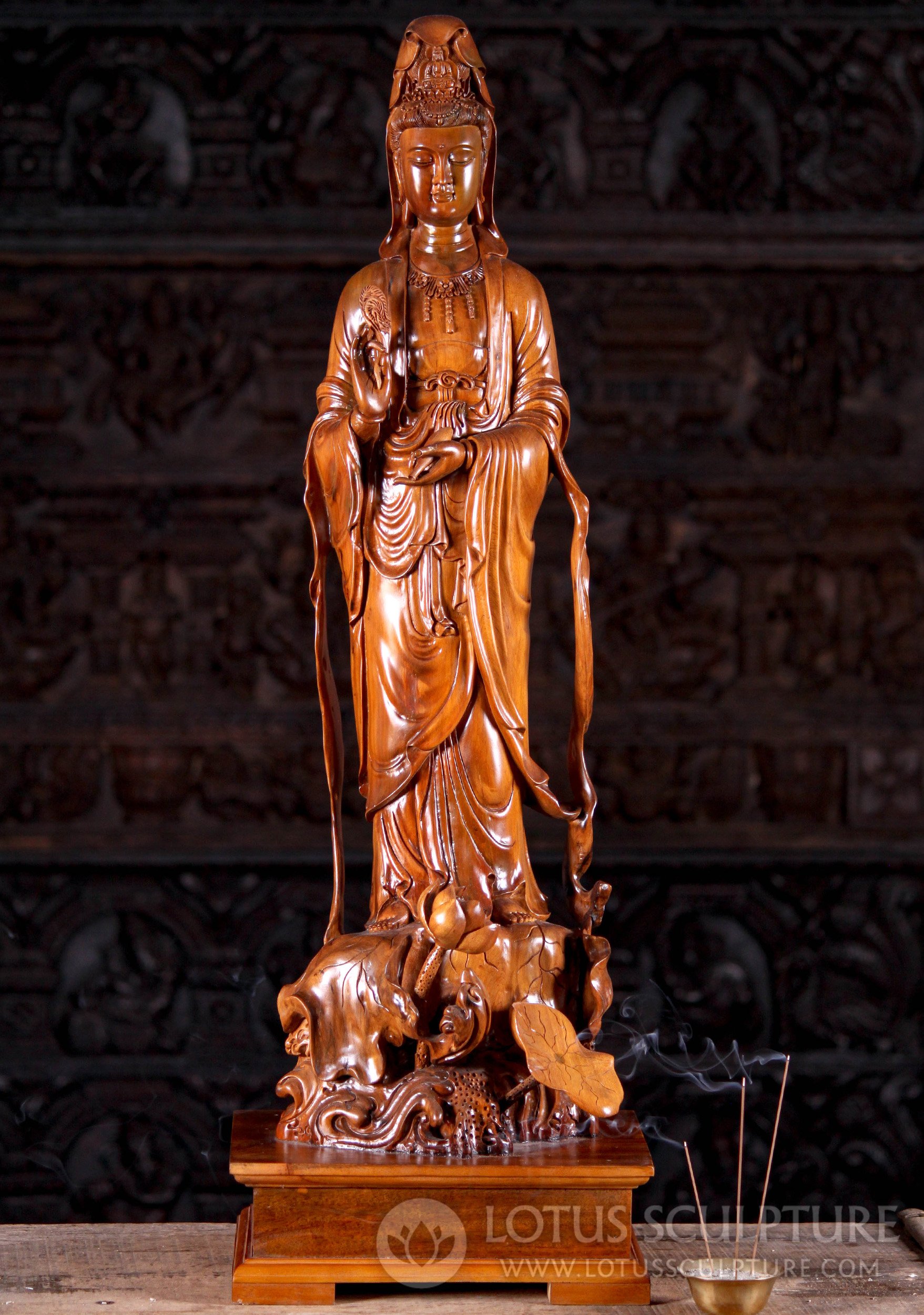 Hand-Carved Wooden Kwan Yin Sculpture with Lily Pads and Blooming Lotus 36"