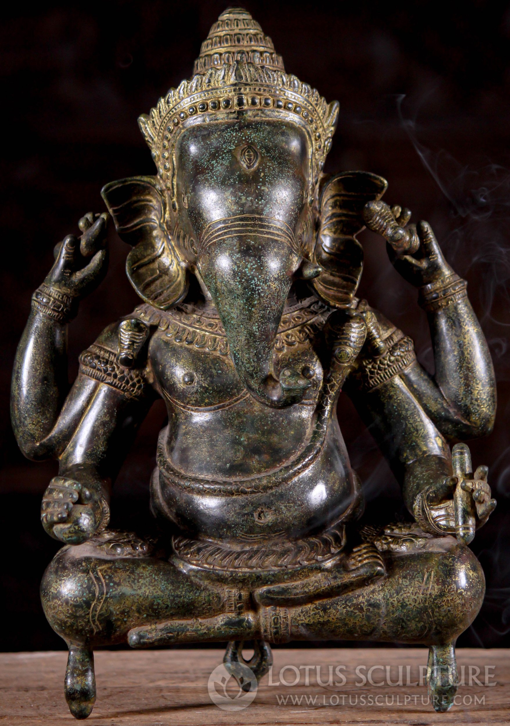 Ardha Padmasana Seated Cambodian Style Bronze Ganesh Statue on Three Prong Base 16"