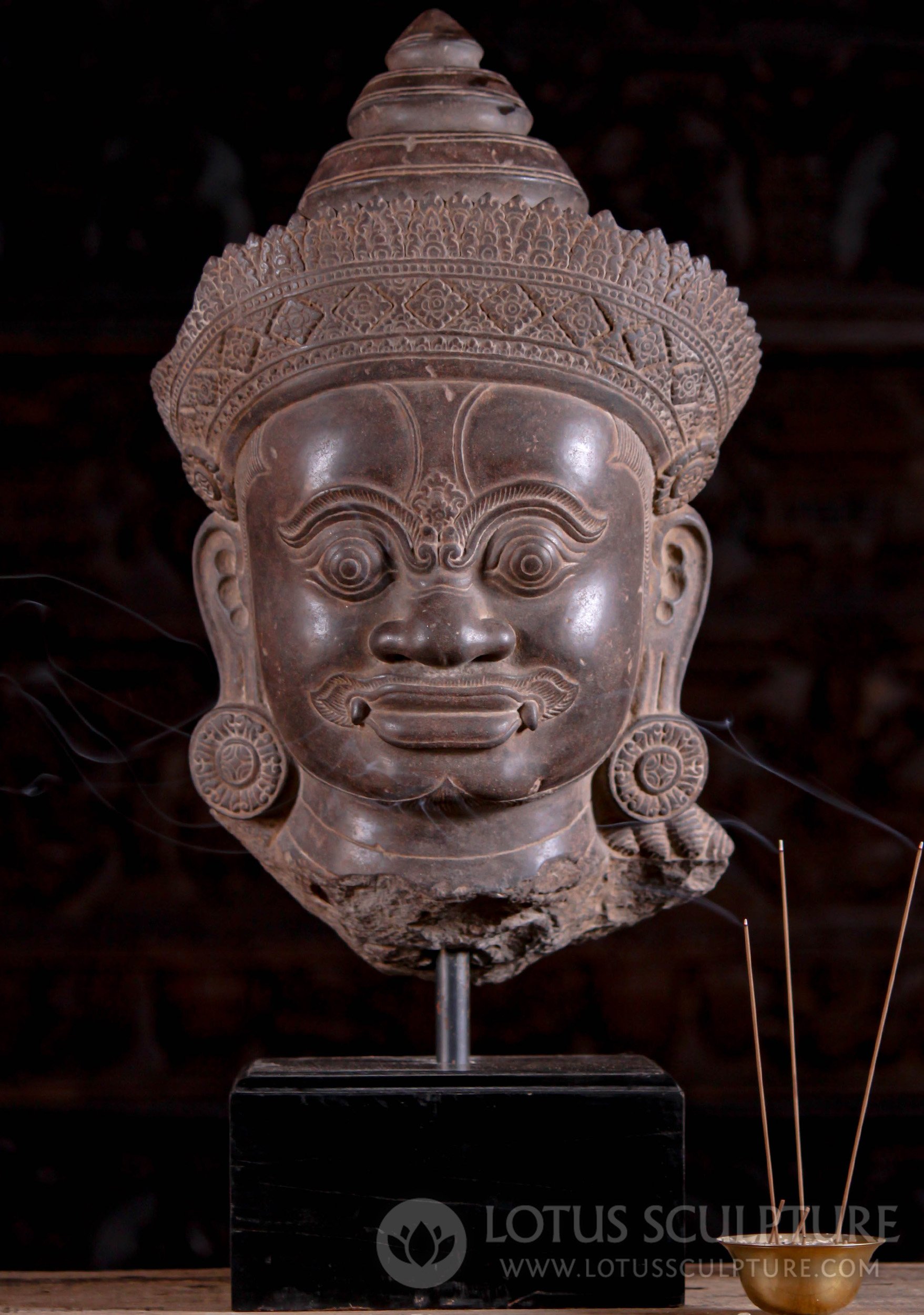 Cambodian Stone Yaksha Bust with Dreadlocked Hair on Wood Base 24"