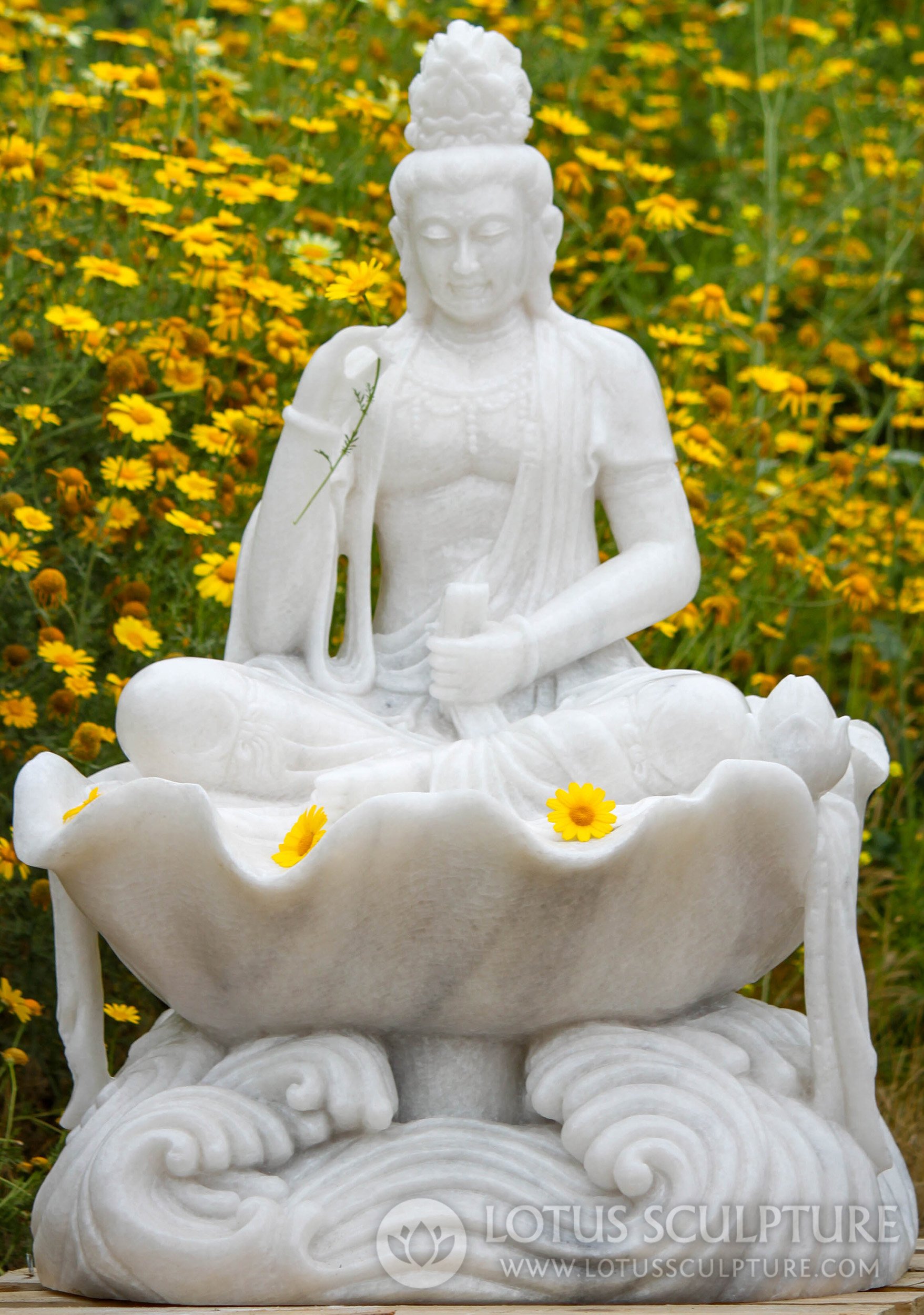 Bodhisattva of Compassion Kwan Yin White Marble Seated on Blooming Lotus Sculpture 39"