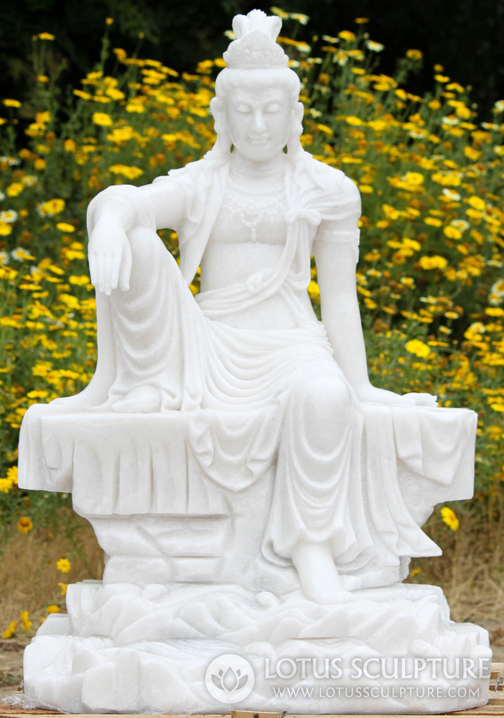 Marble Bodhisattva of Compassion Avalokiteshvara in Relaxed Pose Sculpture 42"