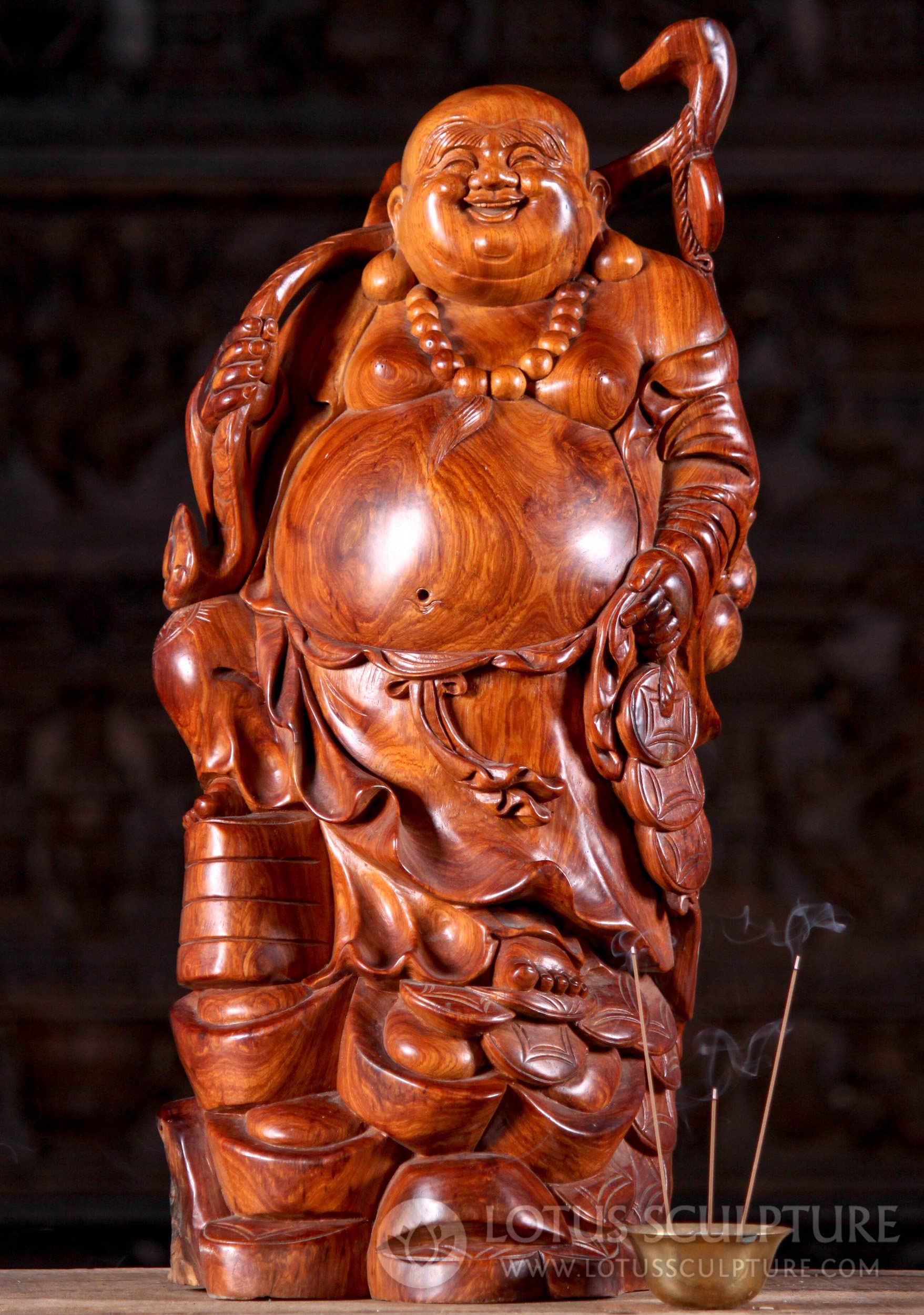 Hotei Buddha of Wealth: Prosperity-Bringing Wooden Sculpture with Gold Ingots 22"