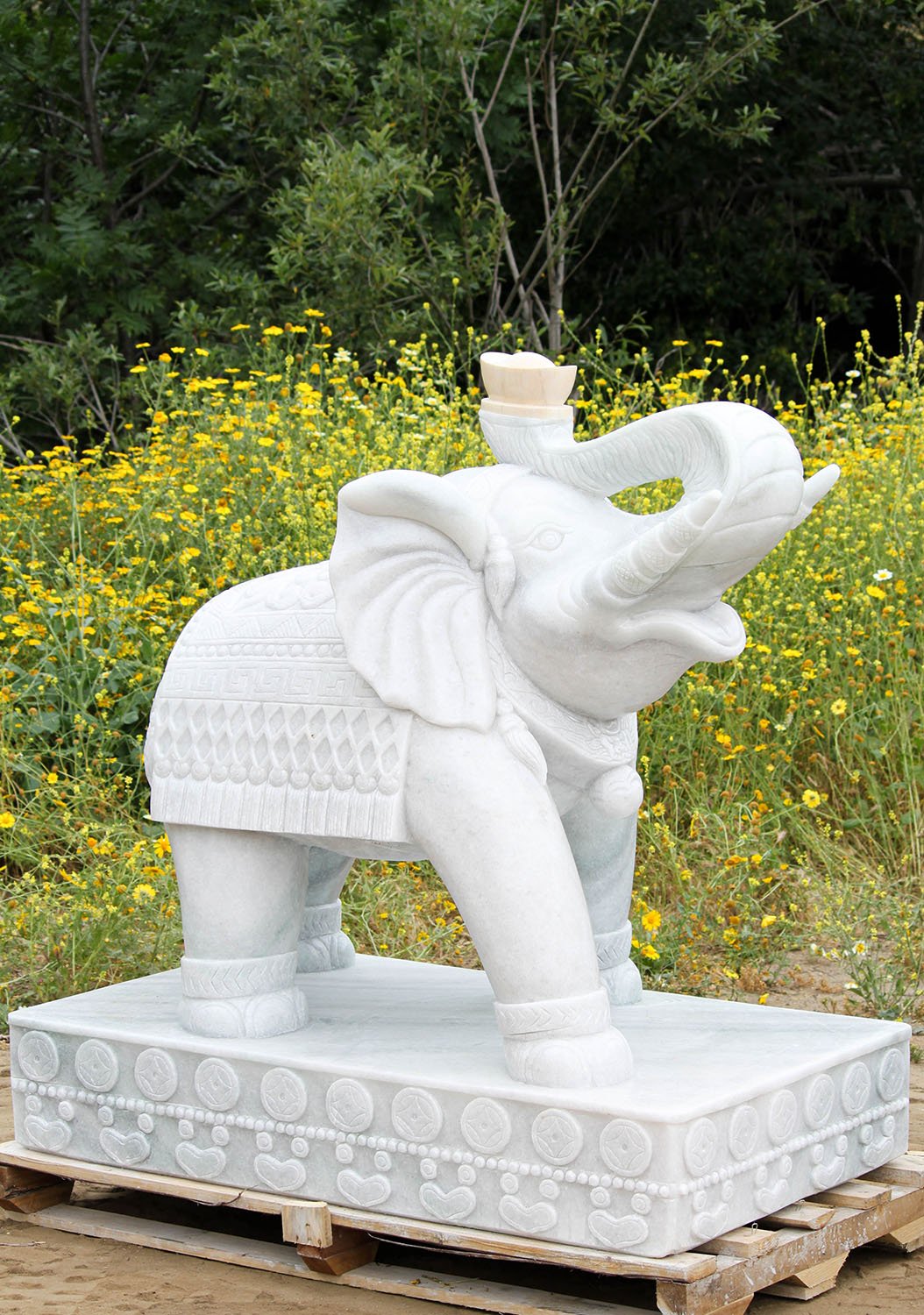 Large White Marble Elephant Sculpture with Raised Trunks & Gold Ingots 57