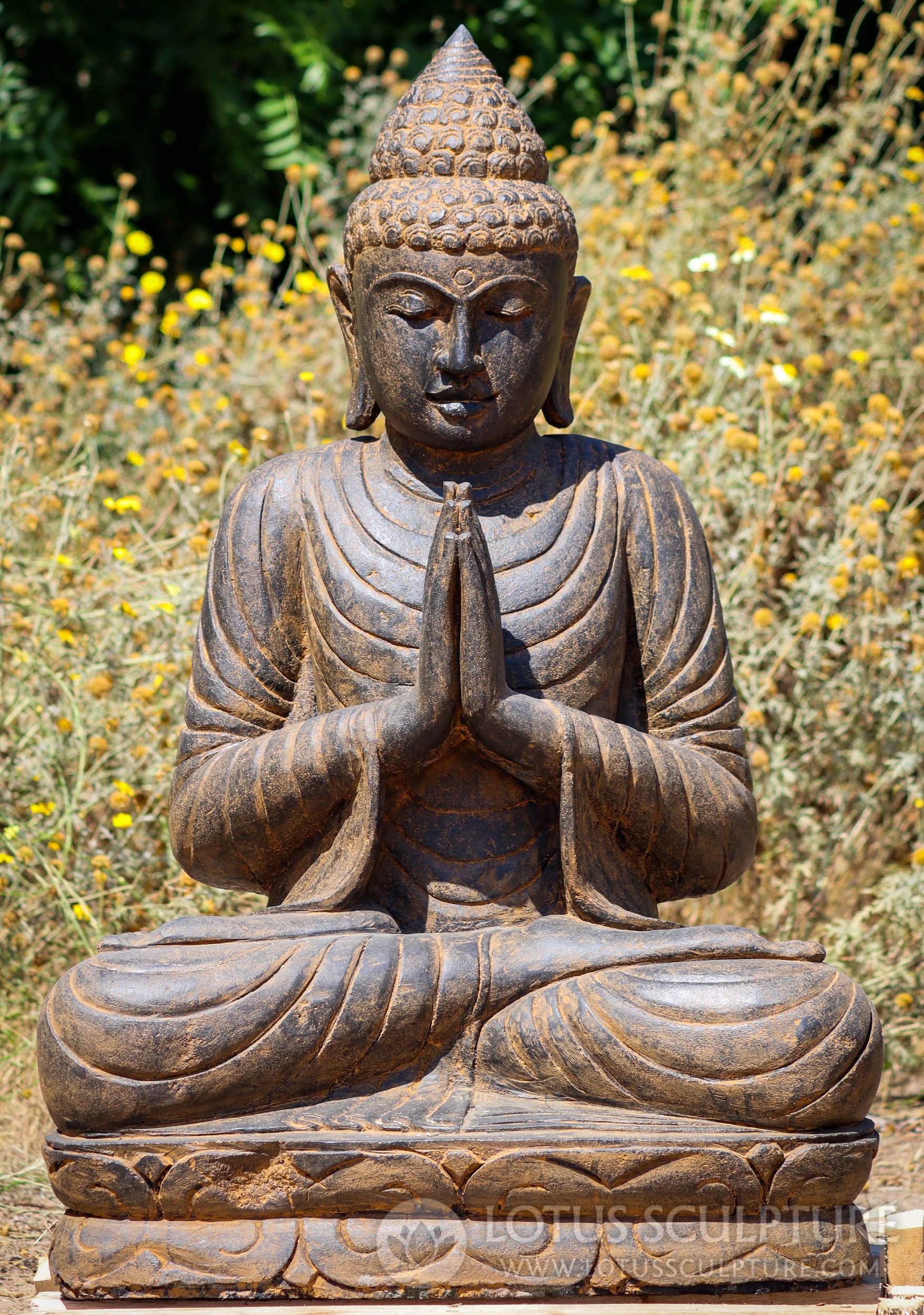 Saffron Lava Stone Anjali Namaste Mudra Full Lotus Garden Buddha Statue 40"