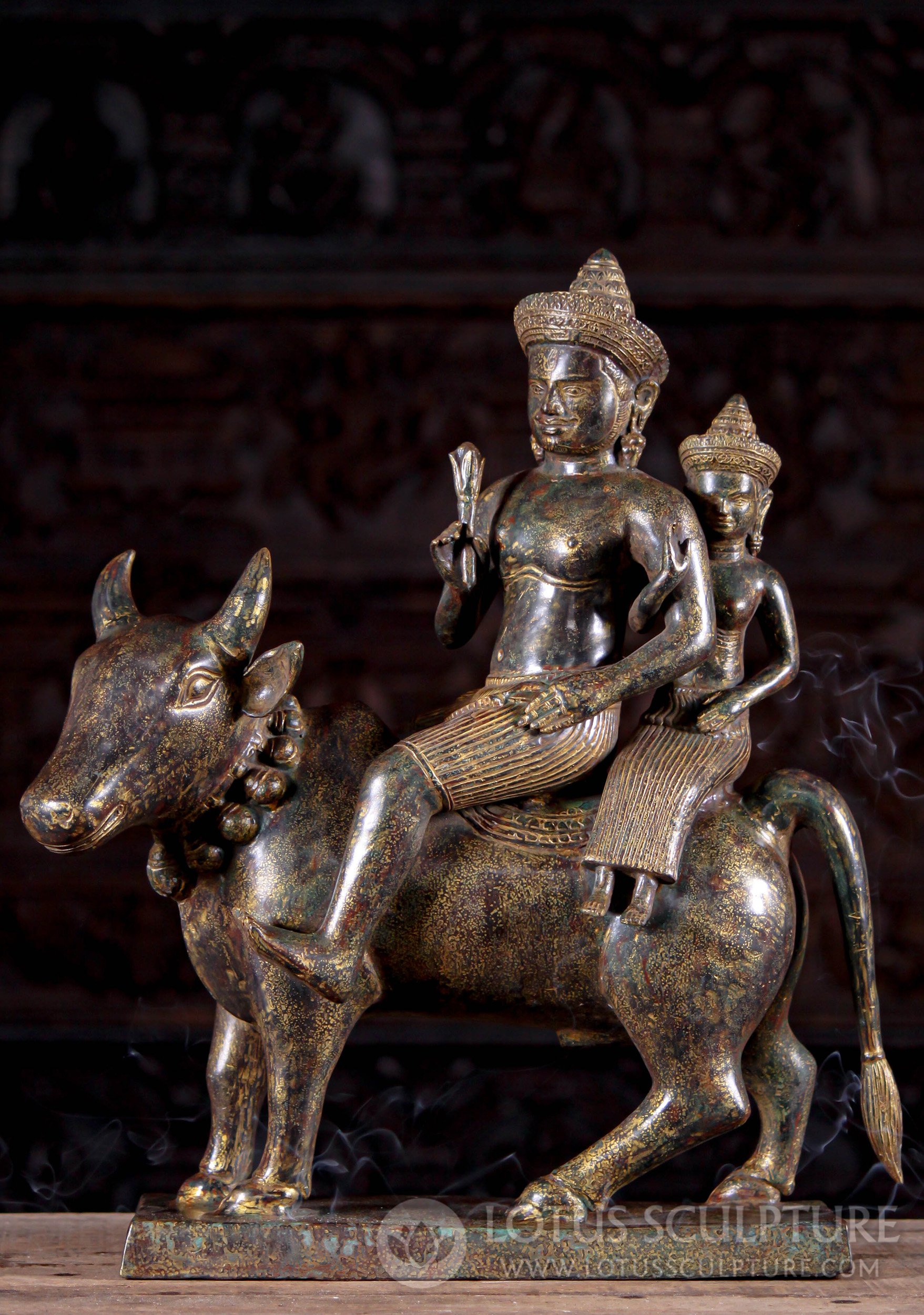 Bronze Statue of Shiva & Parvati Peacefully Seated on the White Bull, Nandi 20"