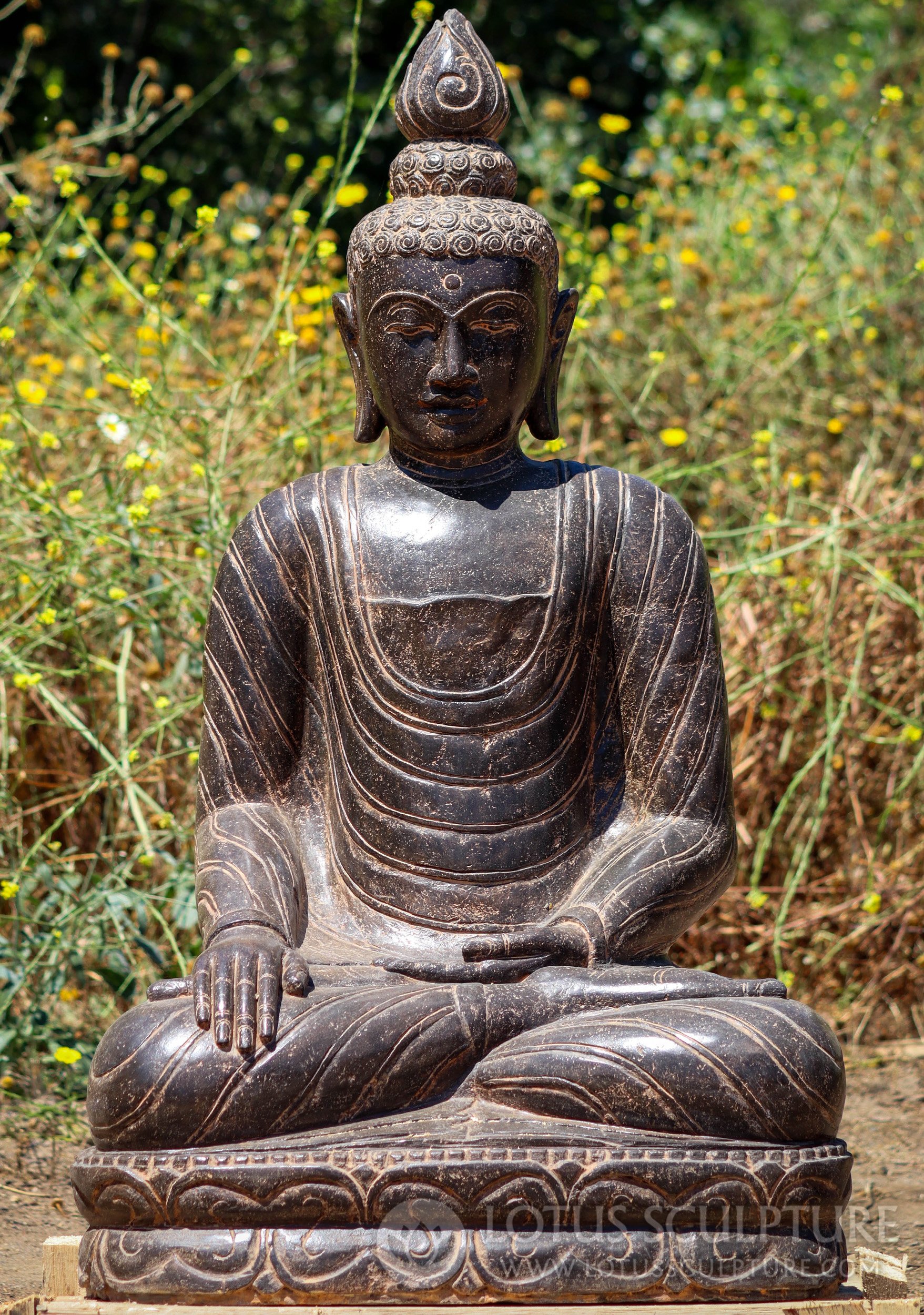 Stone Saffron Colored Buddha Sculpture Seated in Earth Touching Mudra 38"