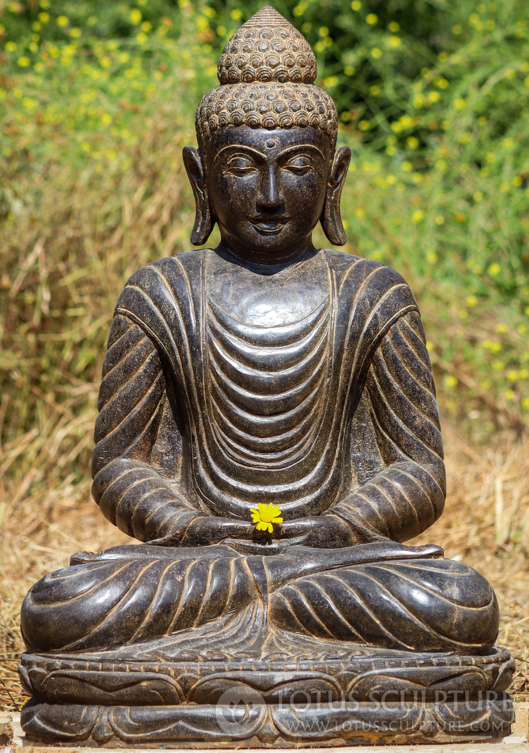 Stone Seated Dhyana Mudra Meditating Outdoor Buddha Sculpture Hand Carved in Indonesia 31"