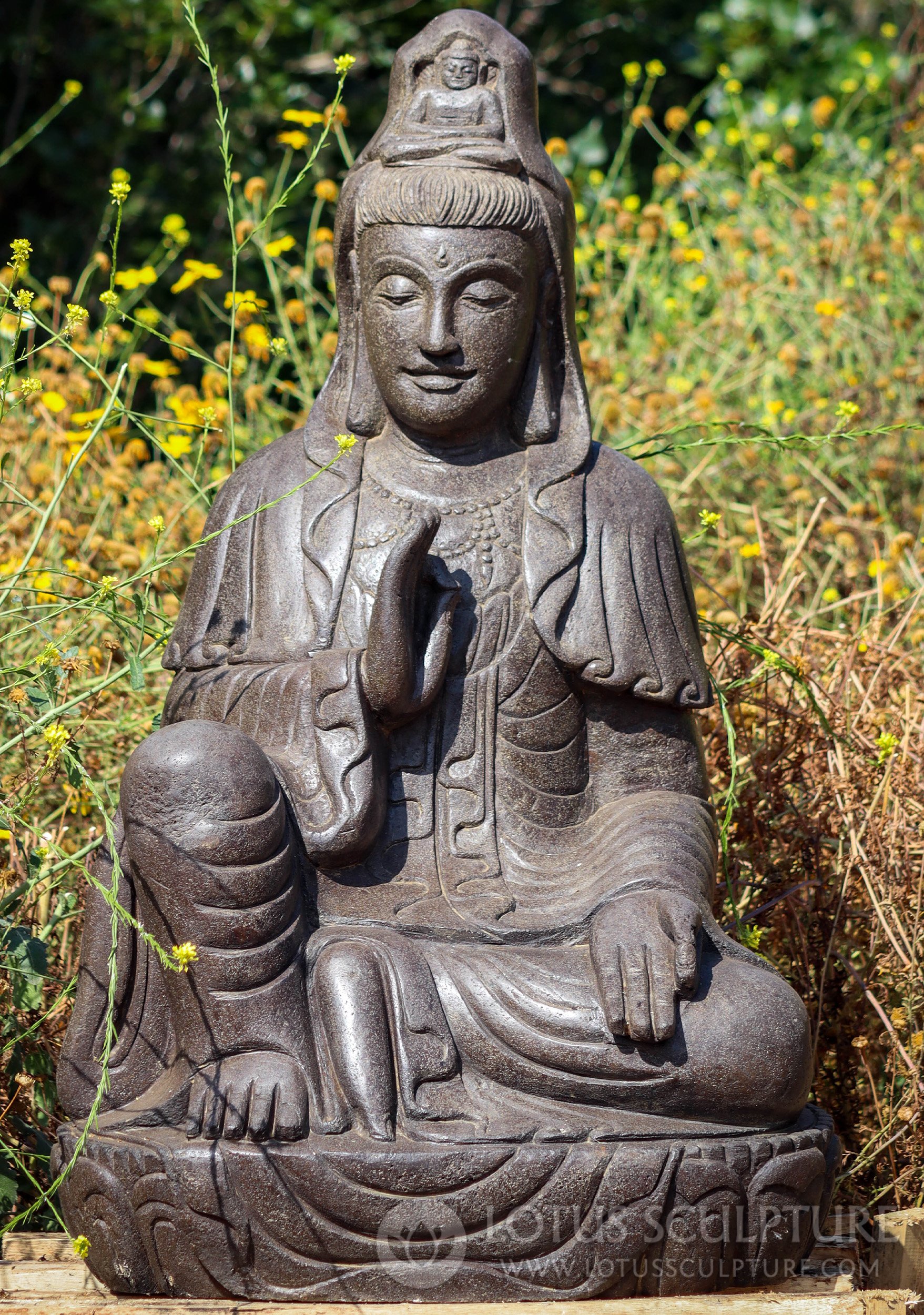 Stone Seated Sculpture of the Bodhisattva Kwan Yin in Teaching & Boon Granting Mudras 40"