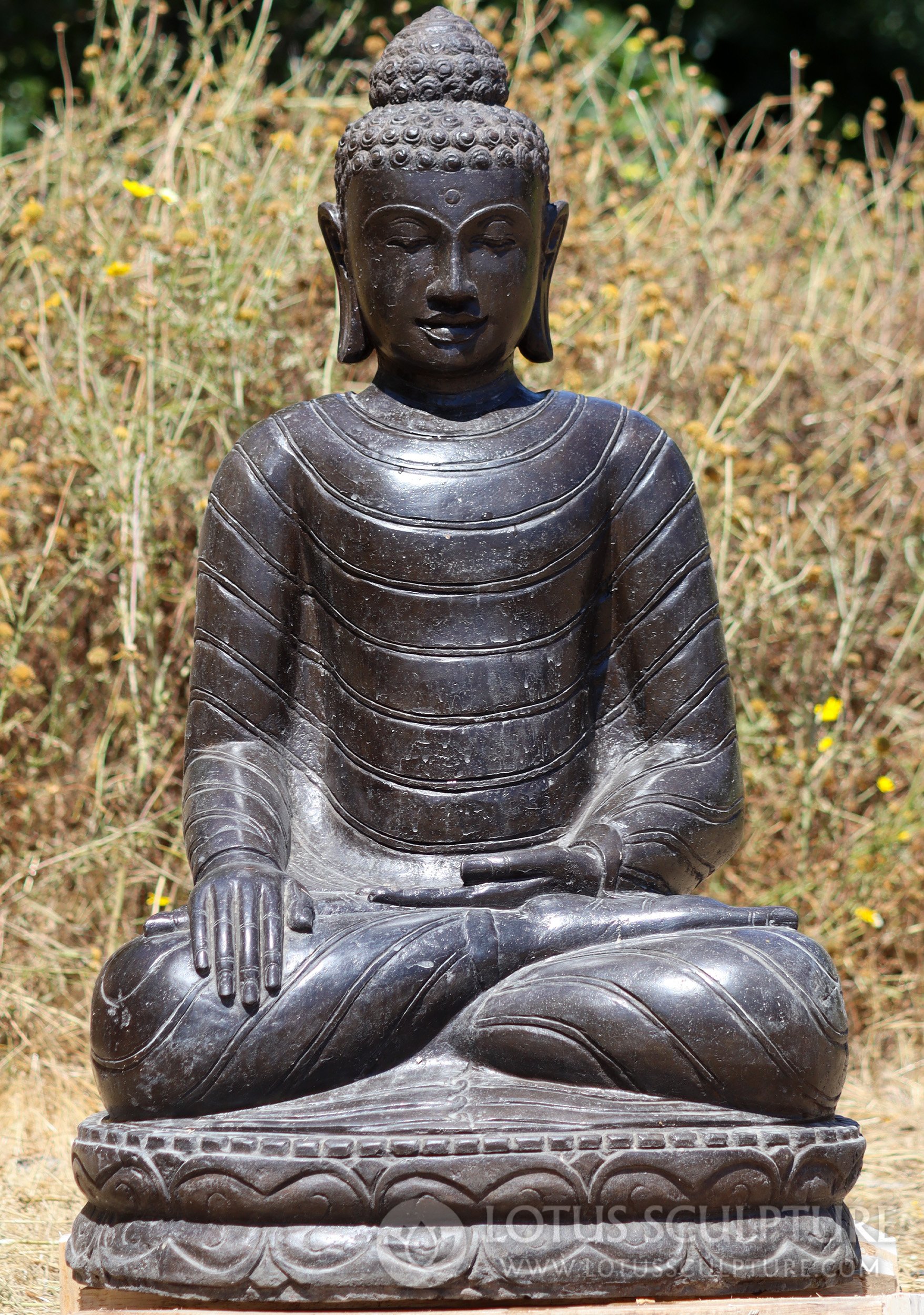 Lava Stone Padmasana Buddha Statue in Full Lotus - Earth Touching Mudra 37"