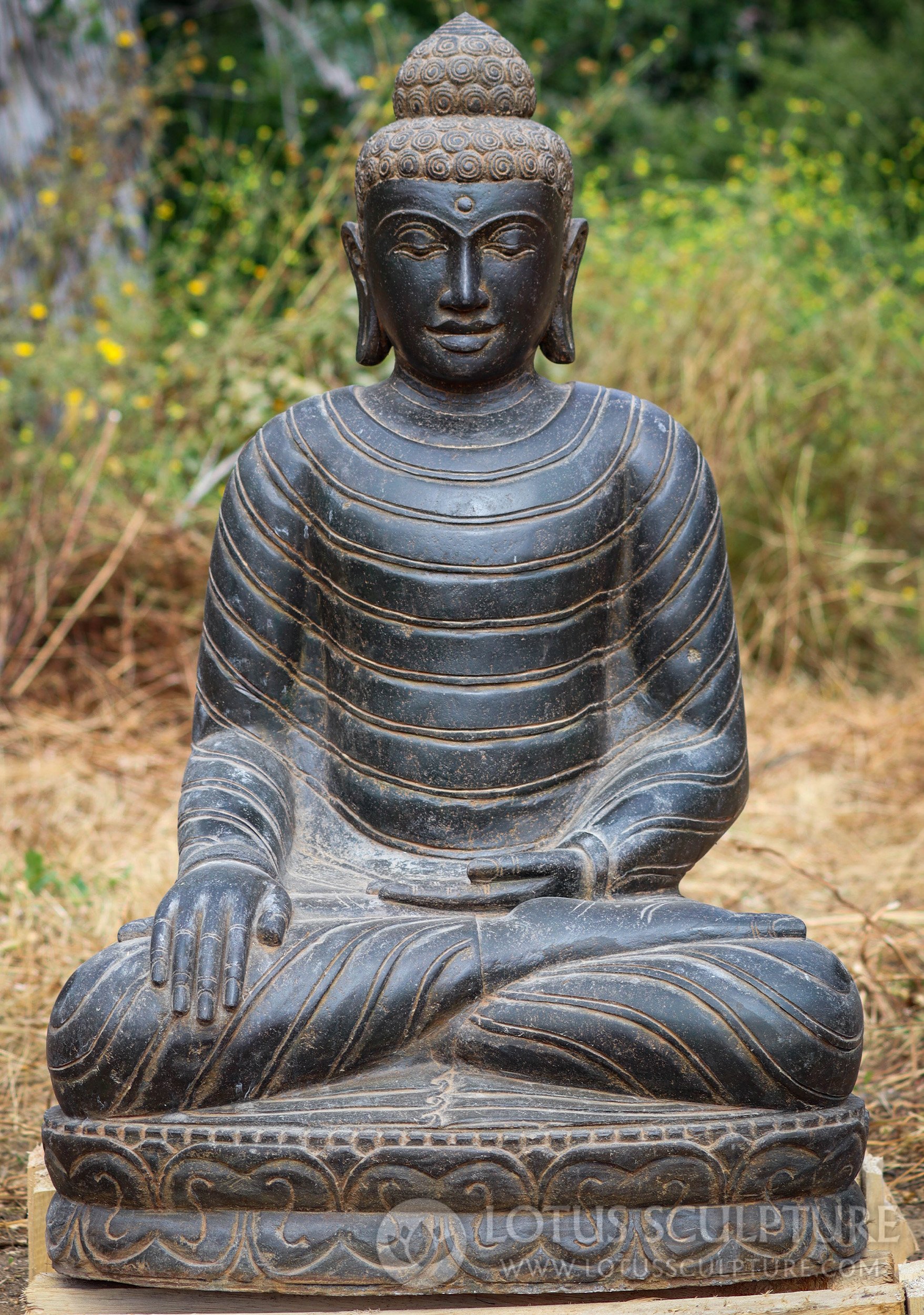 Lava Stone Garden Buddha Sculpture Seated in Earth Touching Mudra 34"