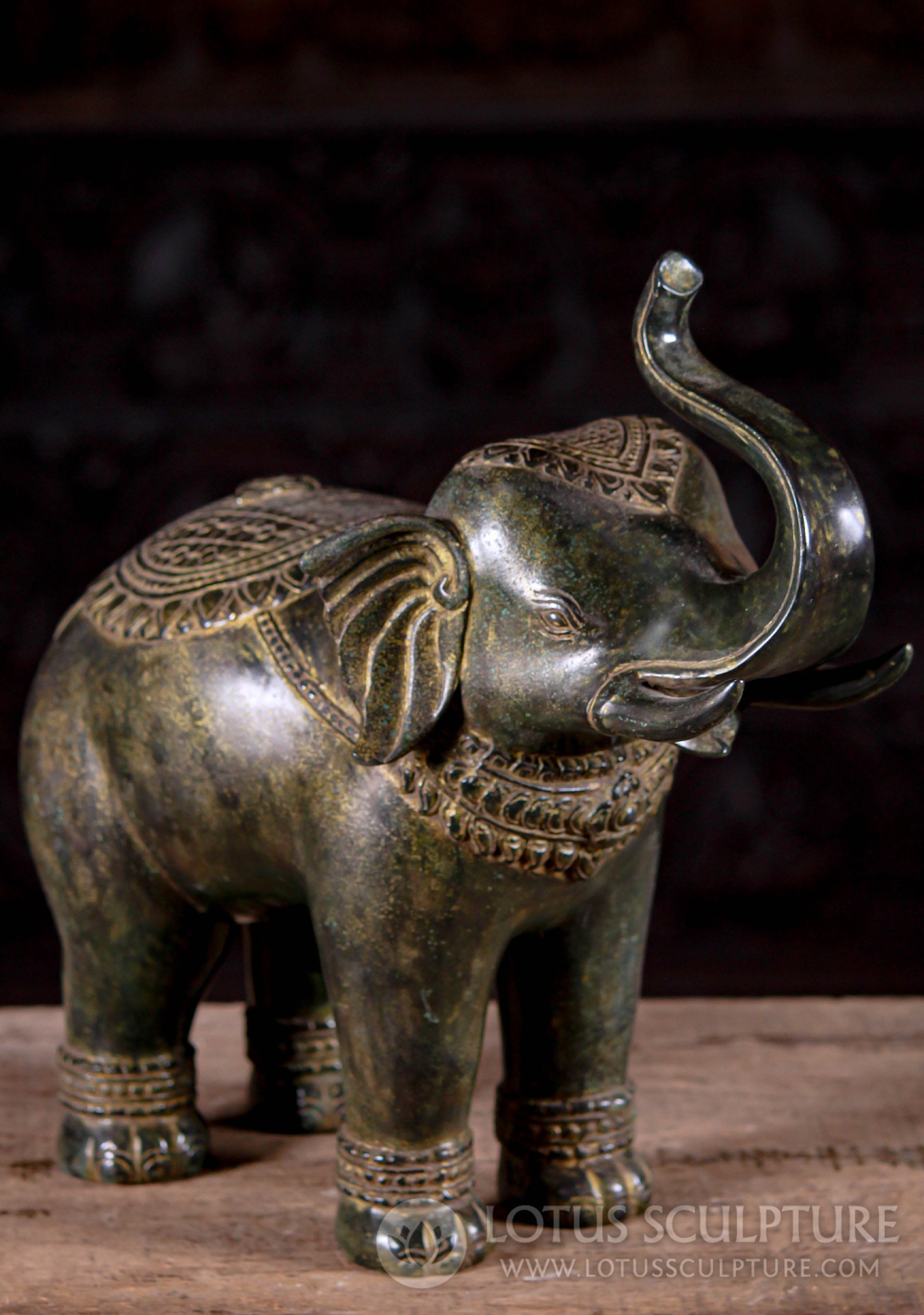 Elephant Statue with Trunk Raised for Good Luck & Prosperity Bronze Cast in Cambodia 15"