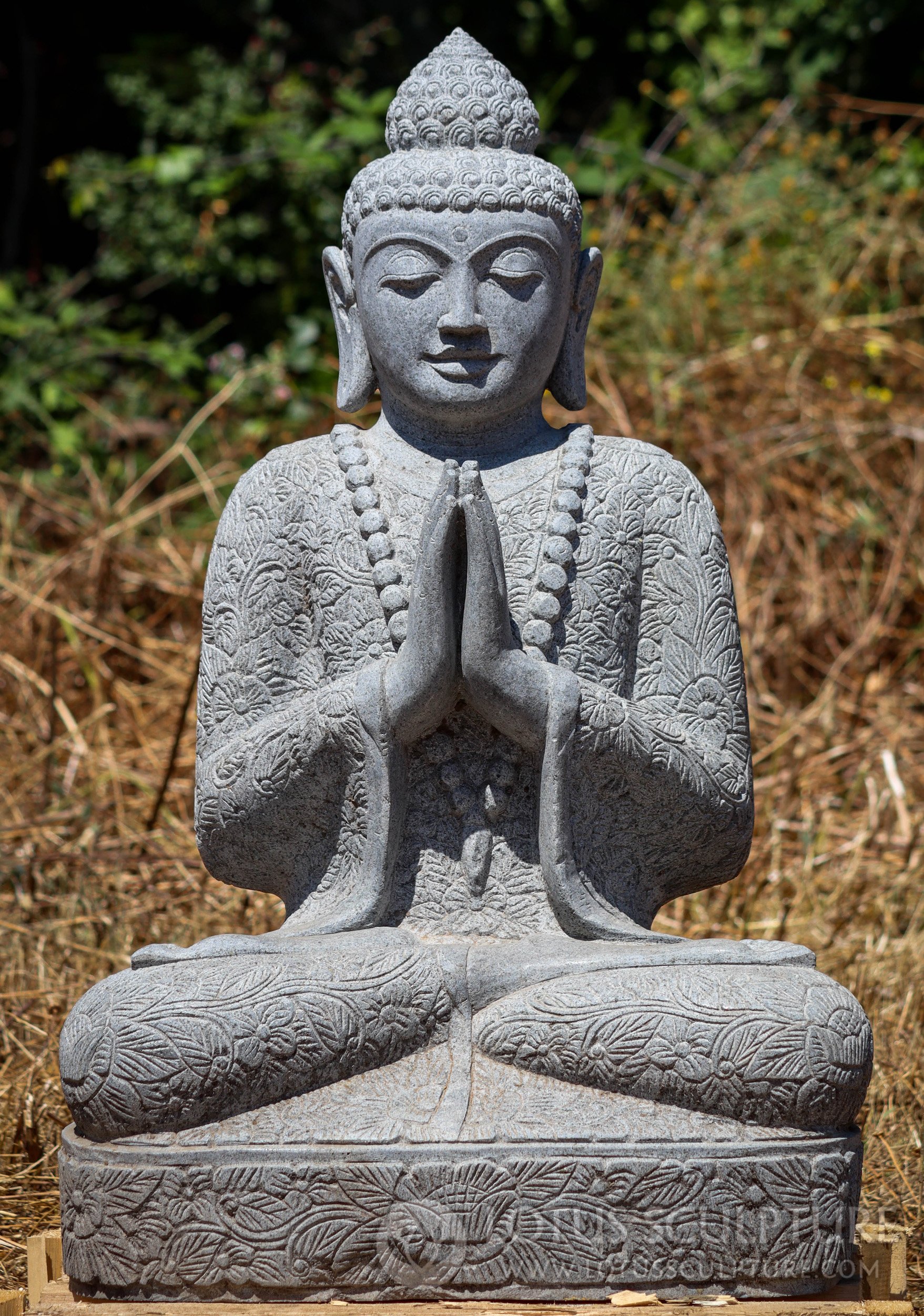 Namaste Seated Garden Buddha Sculpture Wearing Floral Robes and Mala 33"