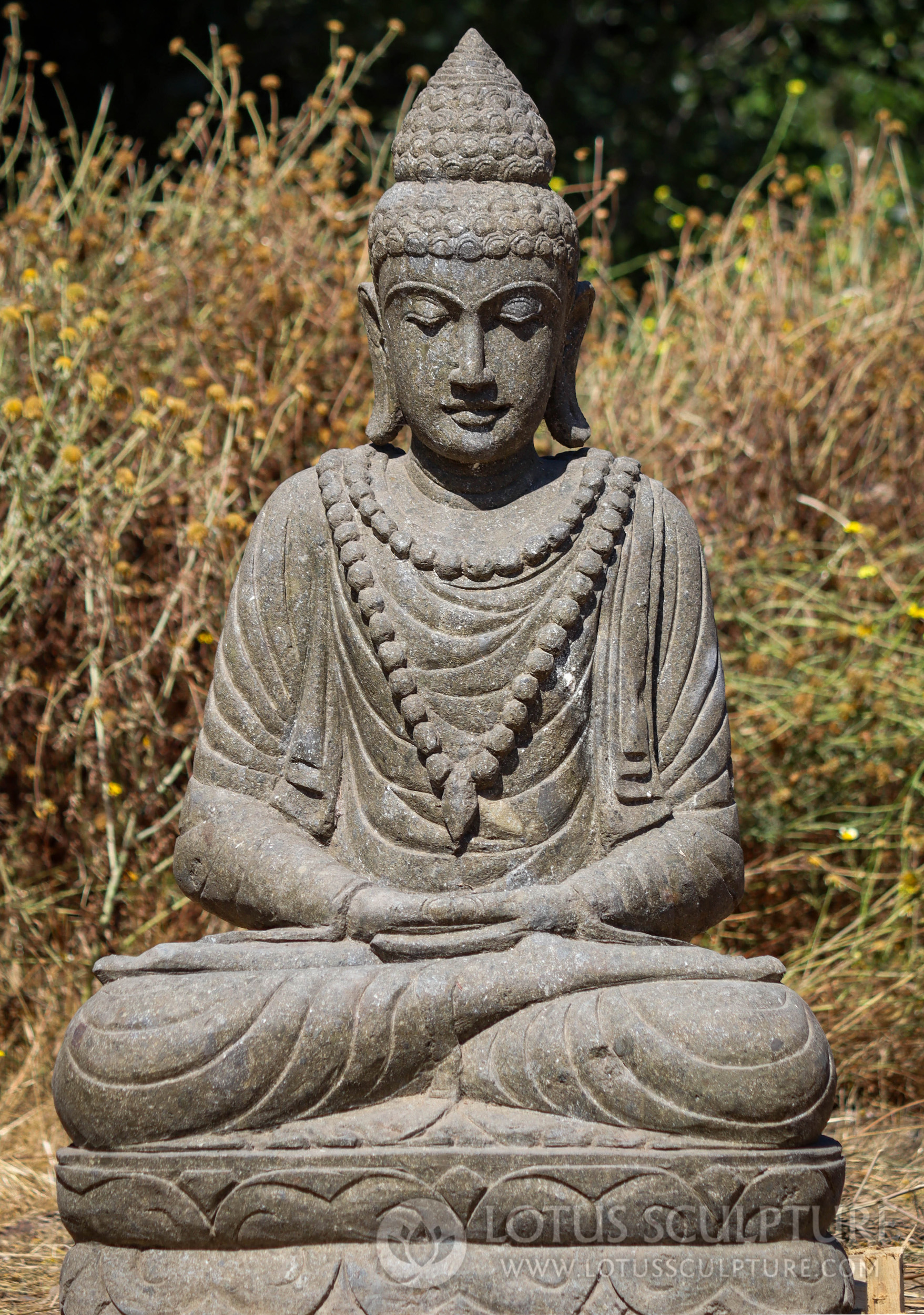 SOLD Stone Meditating Buddha Sculpture With Mala and Floral Robes 40 ...