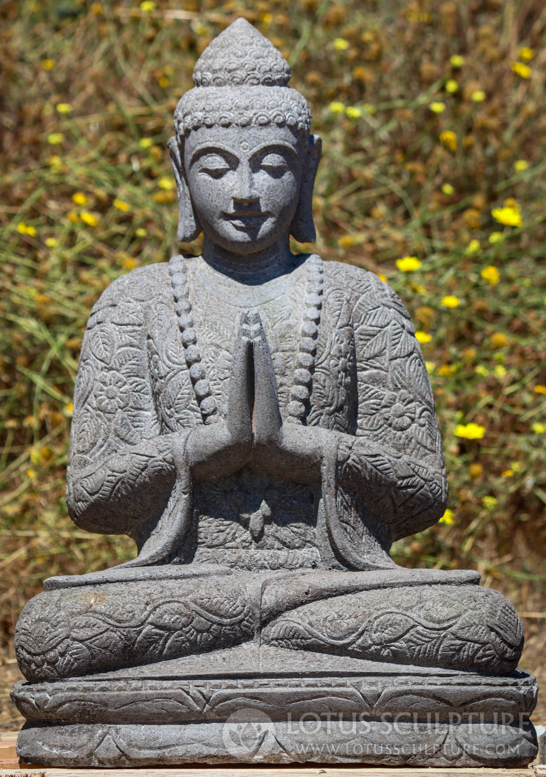 Sold Natural Lava Stone Namaste Buddha Garden Sculpture In Floral Robes And Mala 28 164ls1253