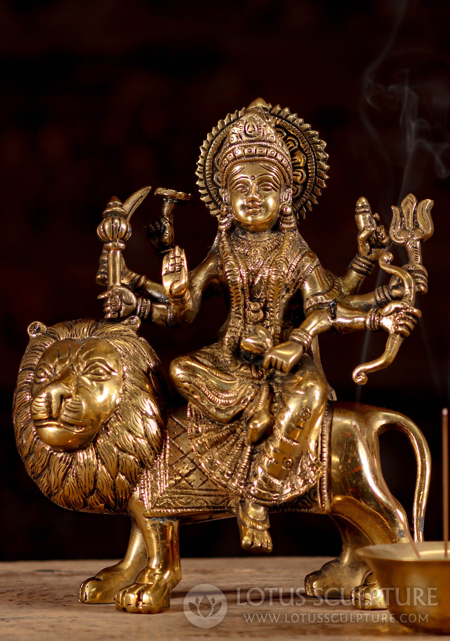 Hindu Goddess Brass Durga Statue Seated on Her Vahana, a Lion with 8 Arms  Holding Weapons 9 (#160bs46a): Hindu Gods & Buddha Statues