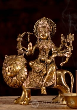 Brass Statue of Hindu Goddess Durga with 8 Arms Standing on Buffalo Demon, Mahishasura  22 (#134bb15D): Hindu Gods & Buddha Statues