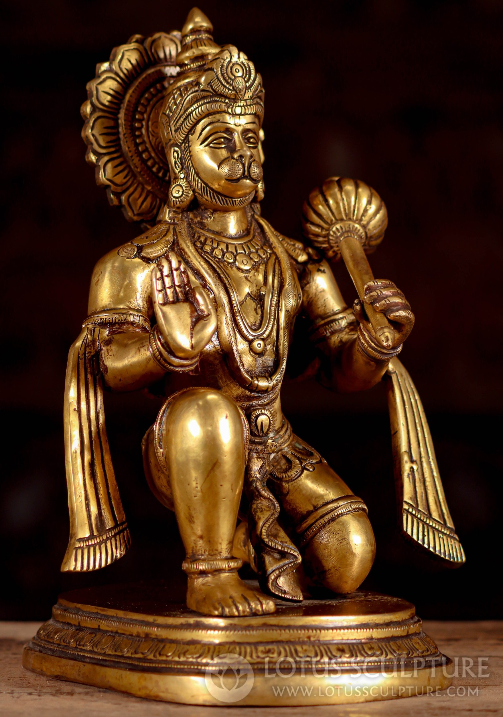 Brass Hanuman, the Hero of the Ramayana, Statue Kneeling in the Abhaya Mudra with a Club 11"