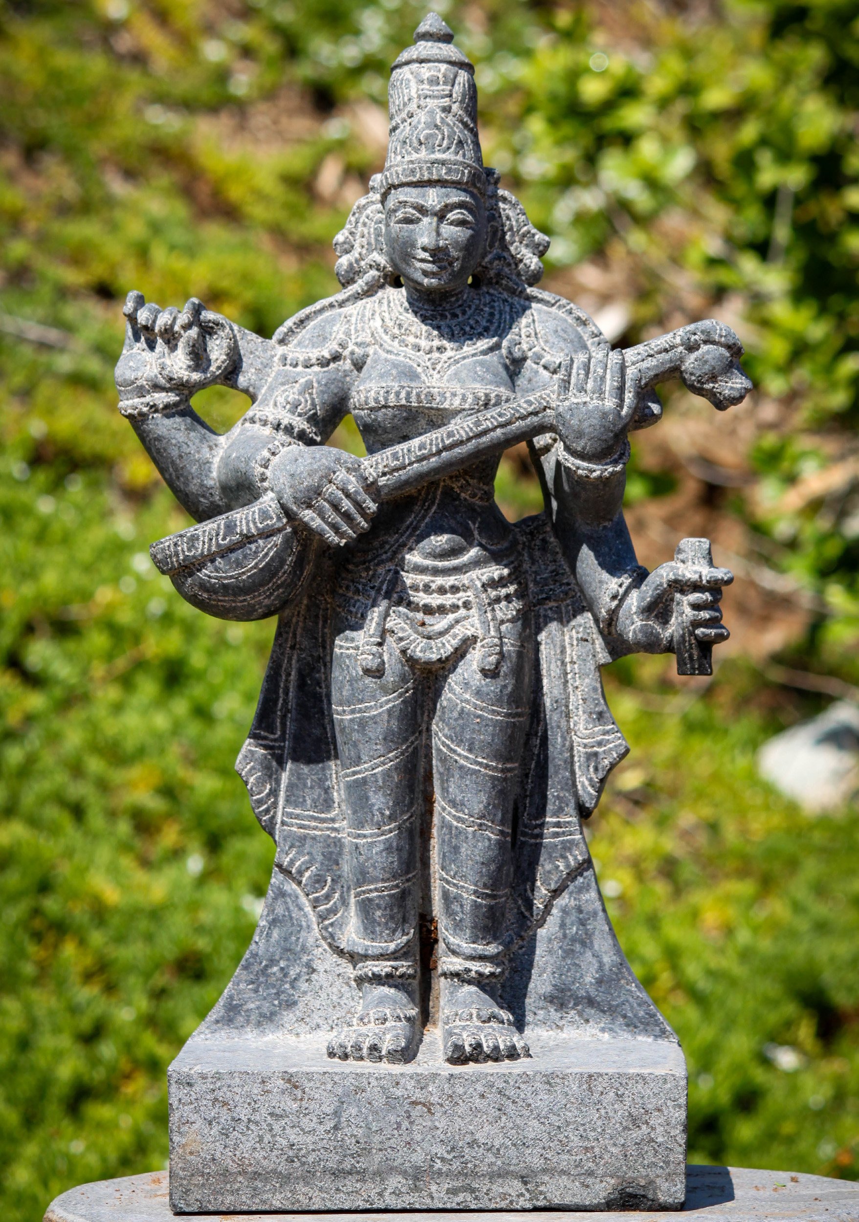 Elegant Black Granite Saraswati Statue: Goddess of Wisdom and Art 24"