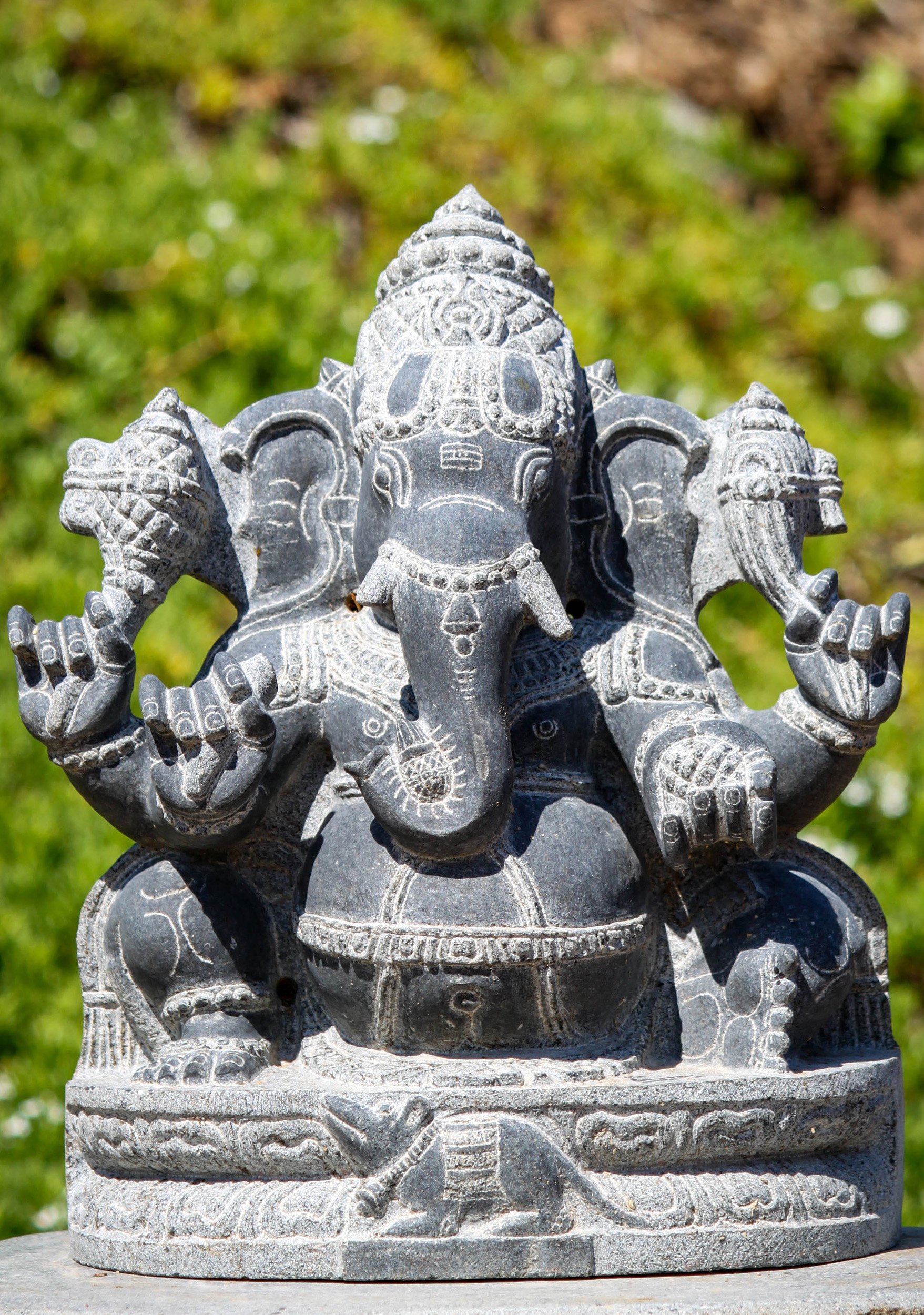 Granite Seated Garden Ganesh Sculpture with Vahana, Mooshika 15"