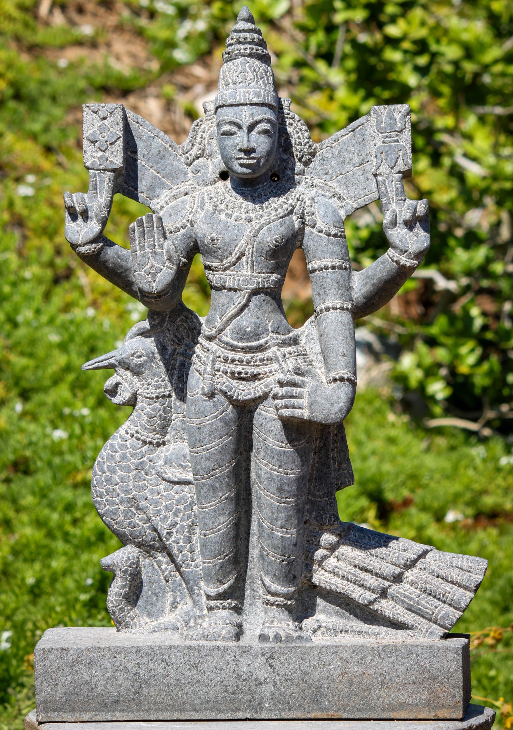 Granite Sculpture of Murugan Standing with Peacock in Abhaya Mudra of Protection 25"