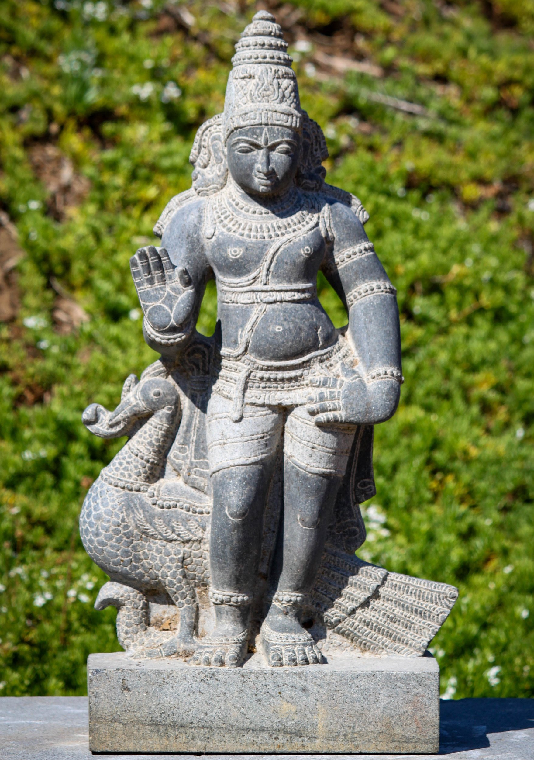 Black Granite Hand Carved Murugan with Peacock in Abhaya Mudra 28.5"