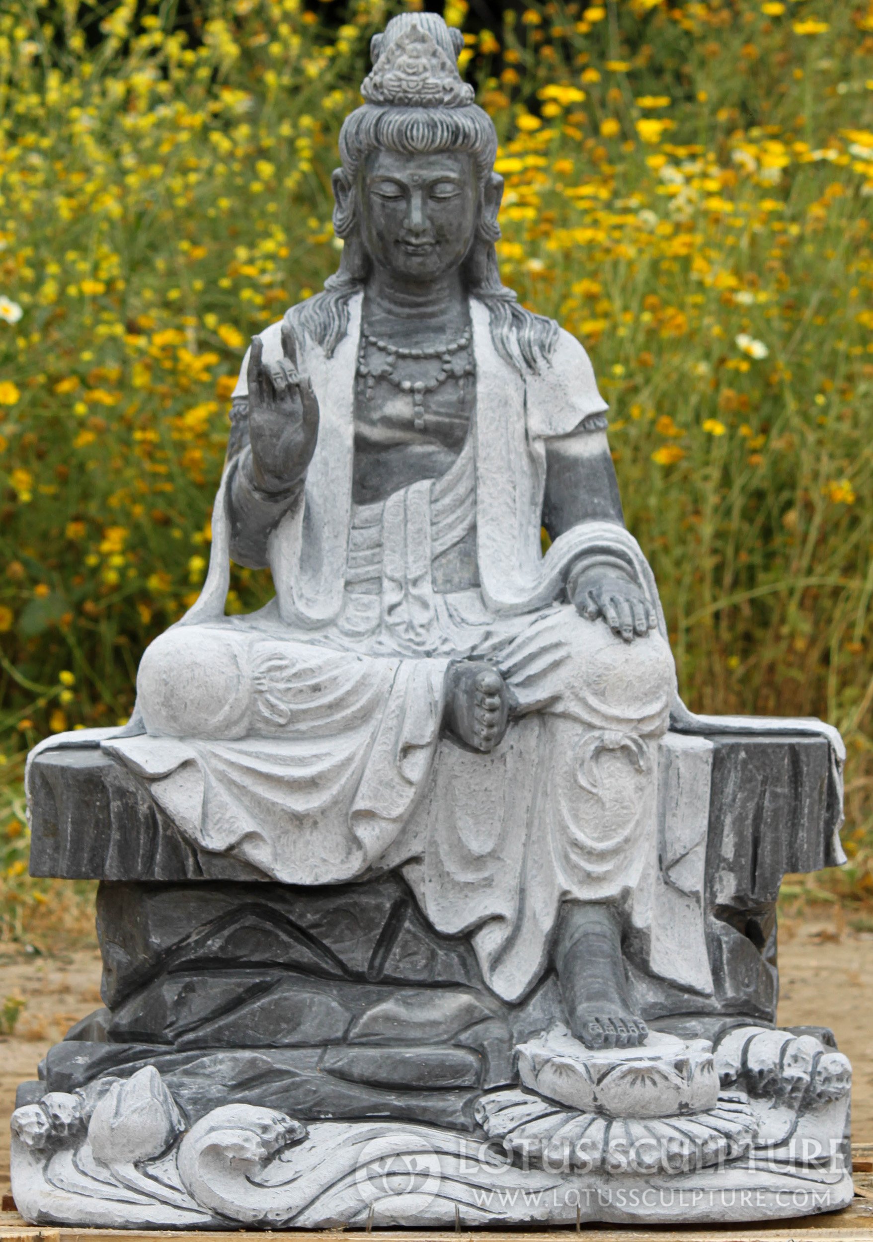 Grey Marble Seated Avalokiteshvara Kwan Yin on Rock Base Apana Mudra Sculpture 41"