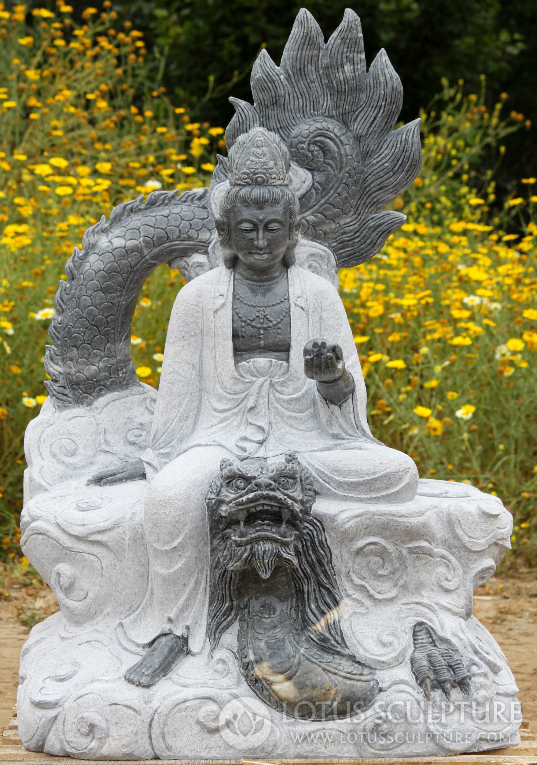 Marble Avalokiteshvara Kwan Yin in the Clouds Riding a Dragon Sculpture 48"