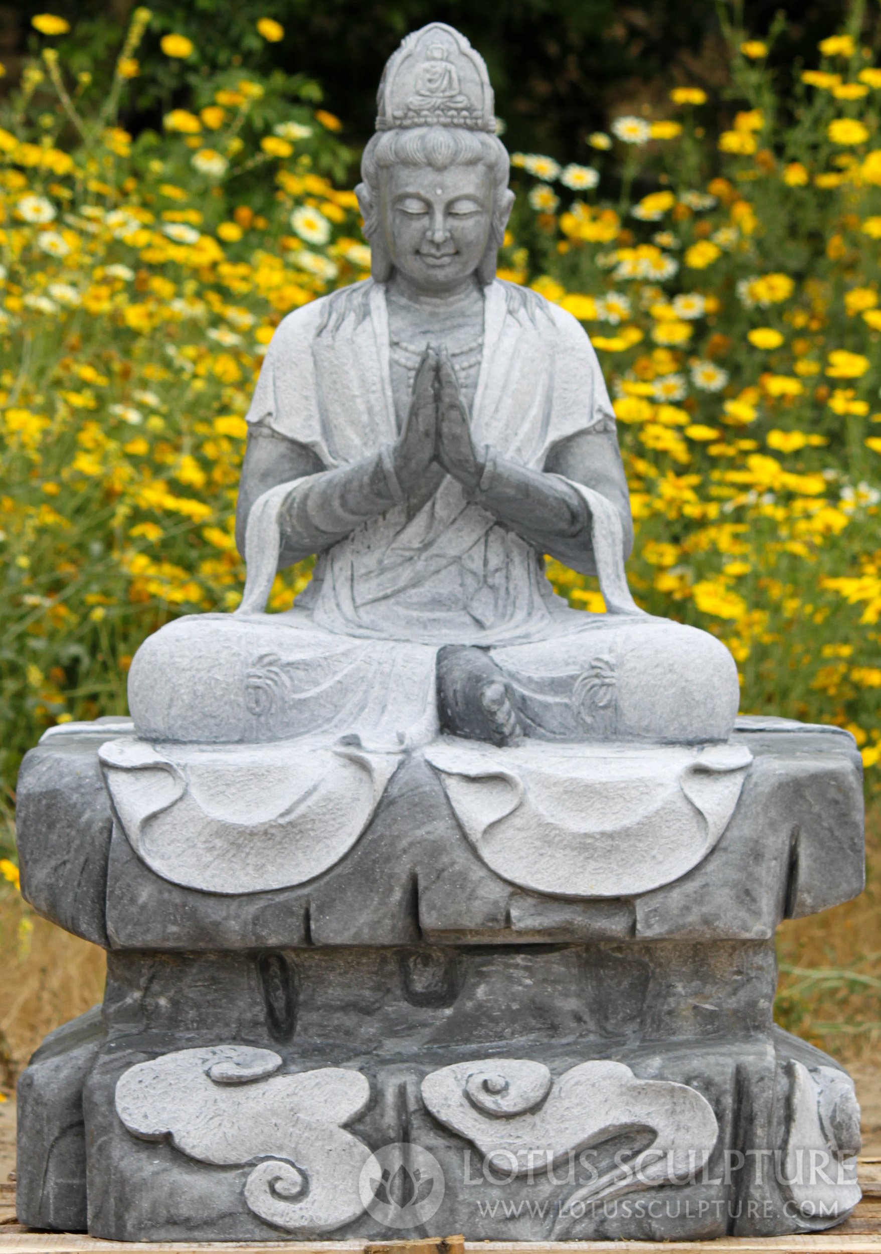 Avalokiteshvara Kwan Yin Bodhisattva Garden Statue in Namaste Pose Carved in Grey Marble 40"