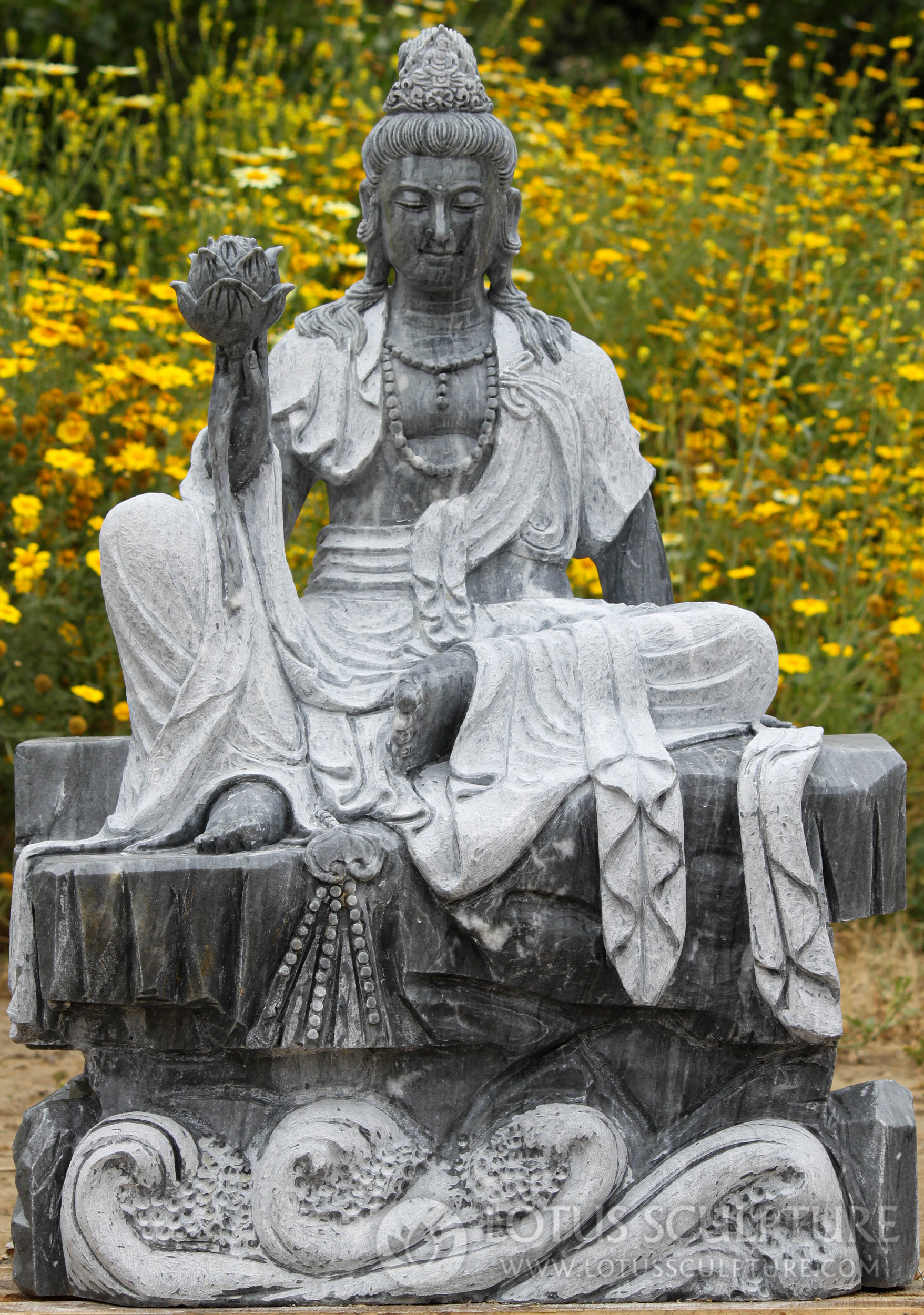 Marble Bodhisattva of Compassion Kwan Yin Garden Statue Holding Lotus Flower 41"