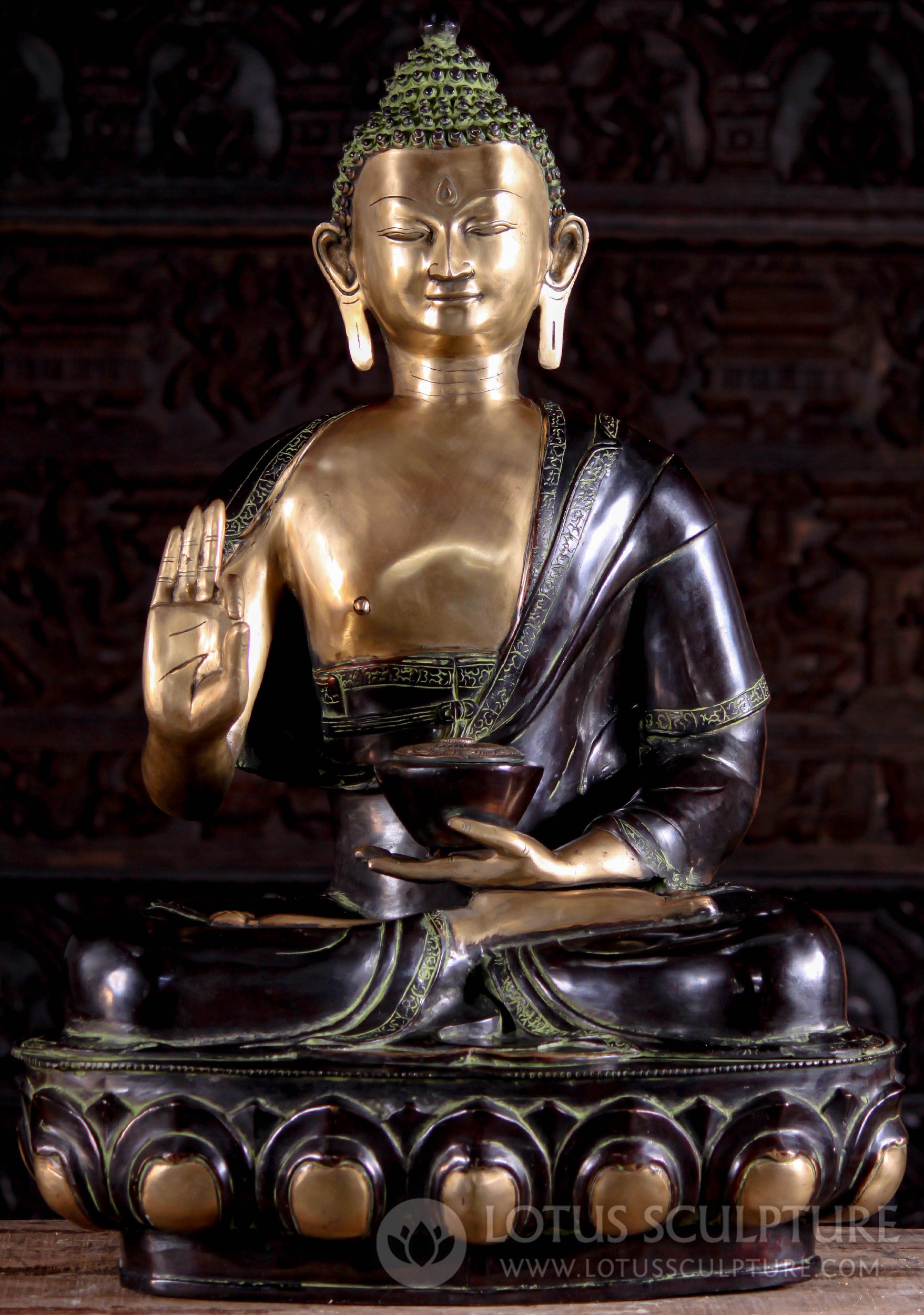 Indian Brass Medicine Buddha Teaching the Dharma on Lotus Base with Black Robes 35"