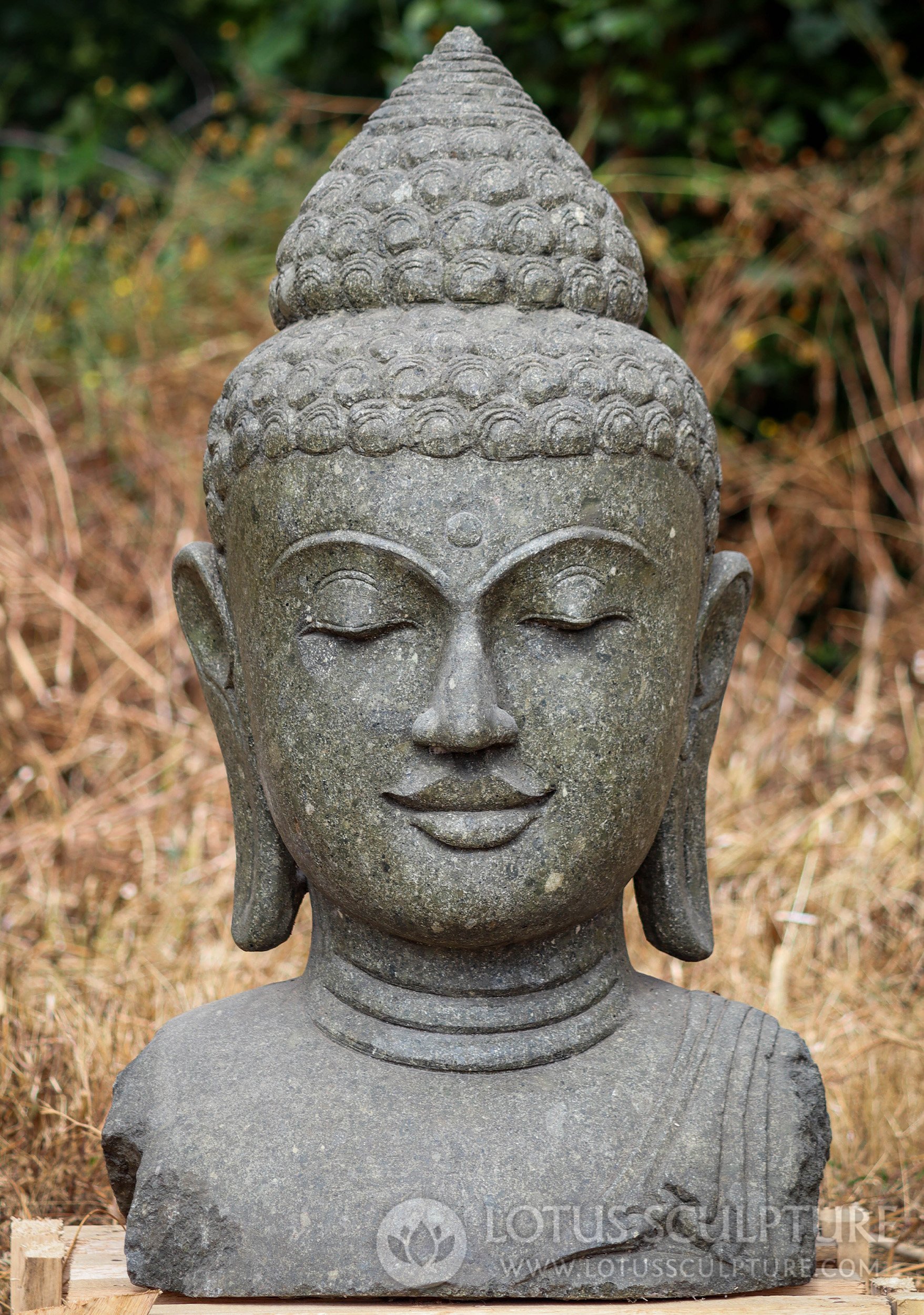 Lava Stone Buddha Bust Garden Sculpture Hand Carved in Java, Indonesia 32"